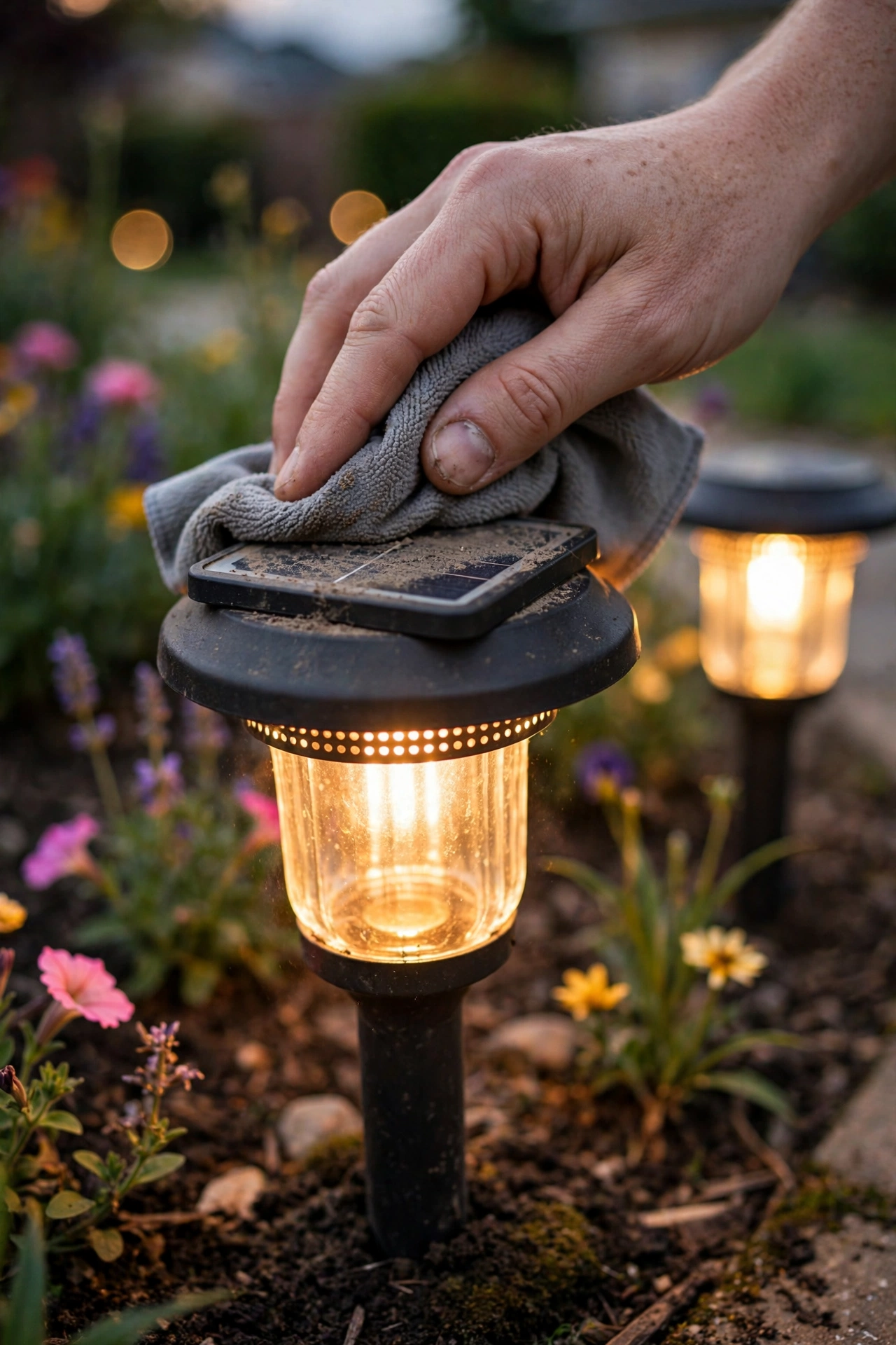 Close-up of a hand wiping dust from a solar panel on a garden path light in warm evening light
