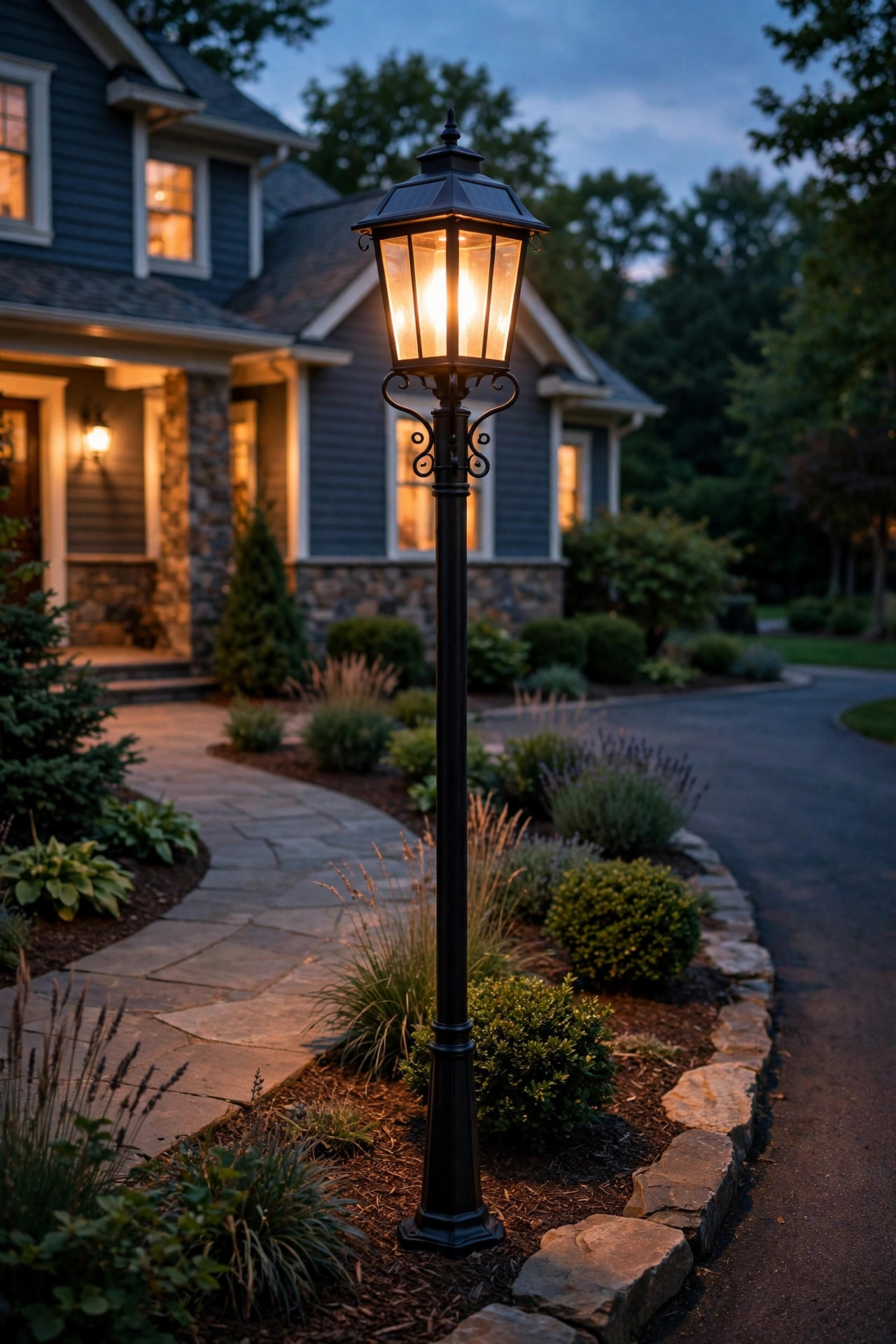 Tall solar lantern post with warm coach light styling standing beside a driveway entrance and front walkway at dusk