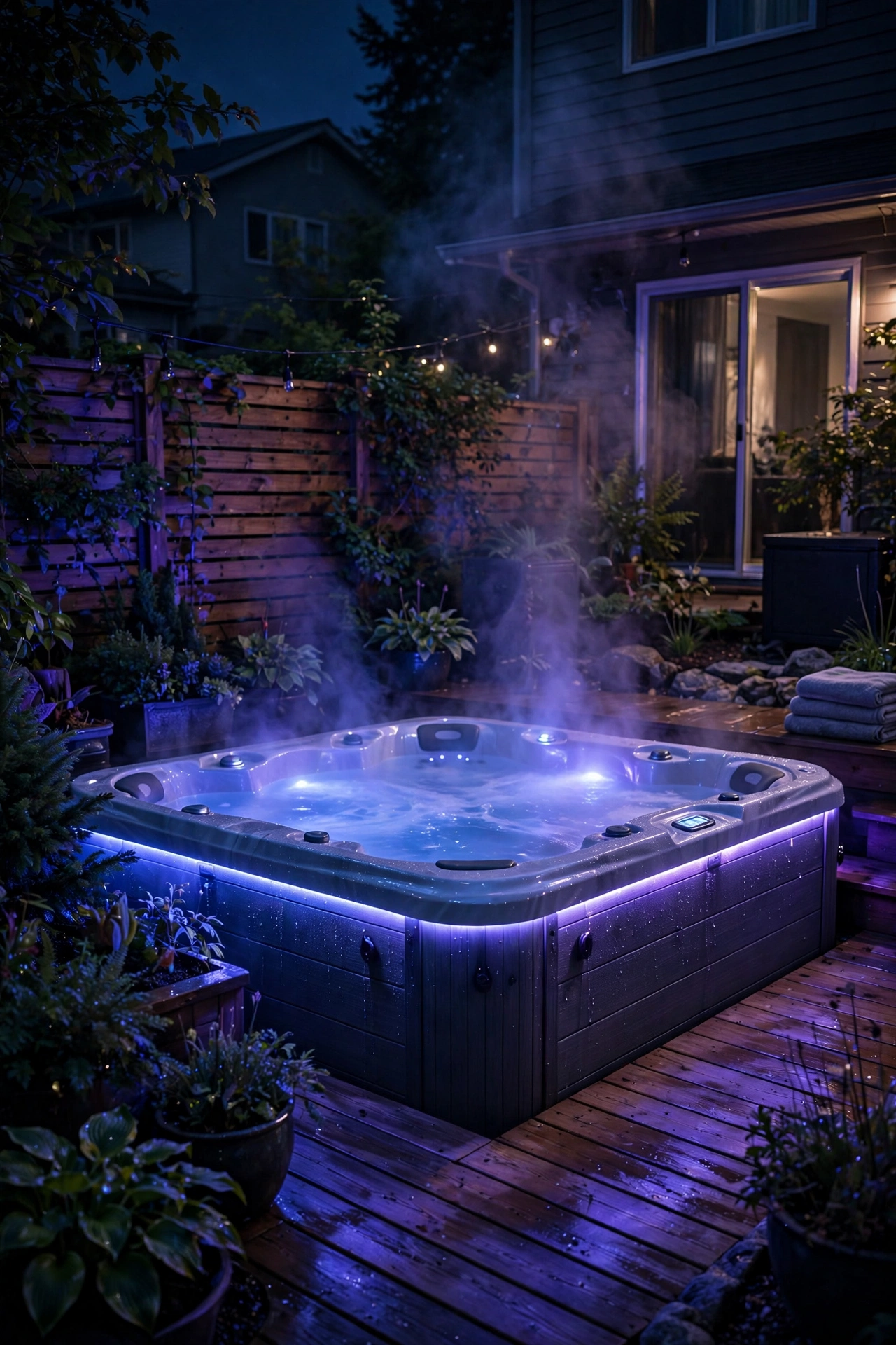 Hot tub area glowing with soft blue and purple color-changing lights at night