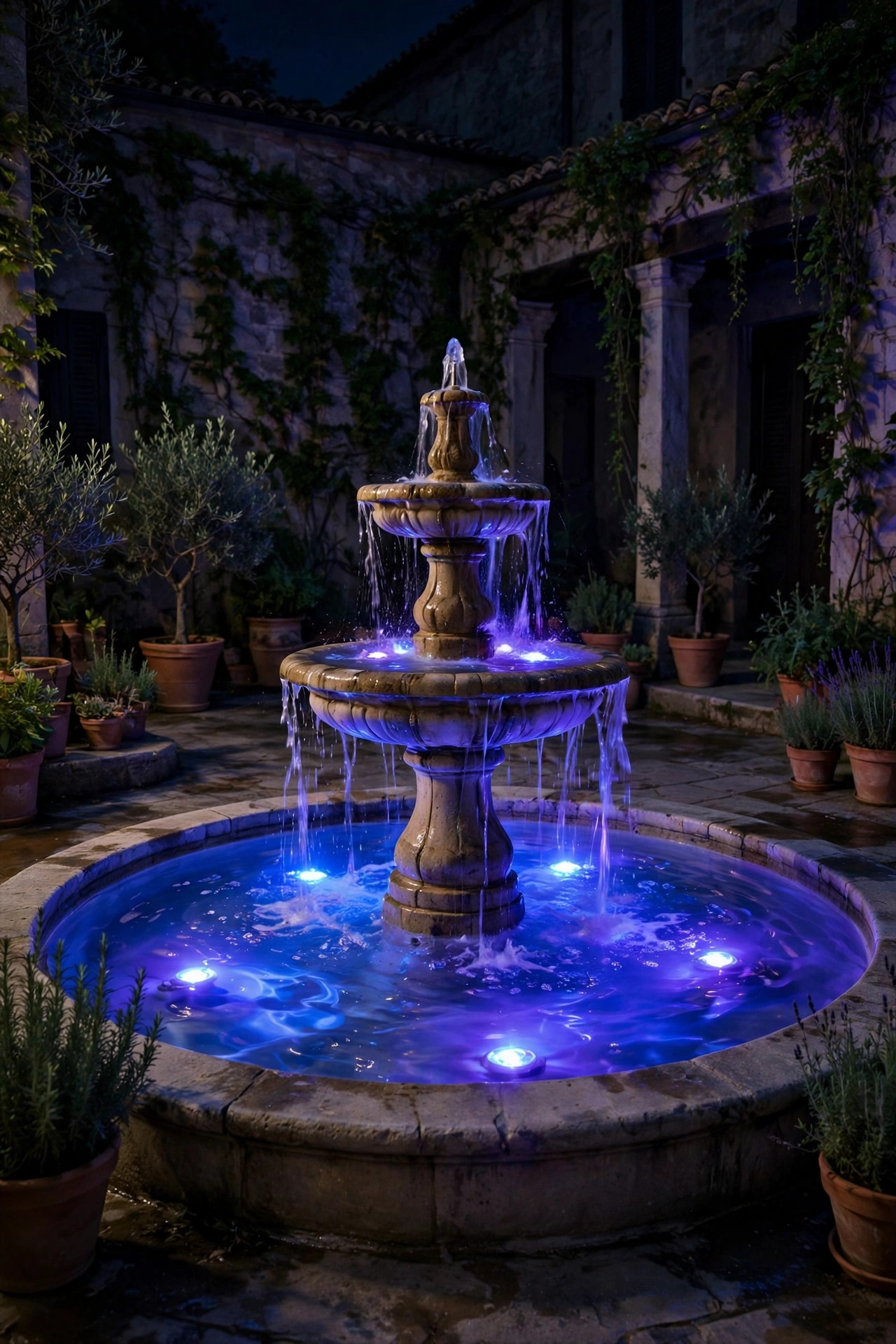 Courtyard fountain water glowing blue and violet from color-changing submersible puck lights at night
