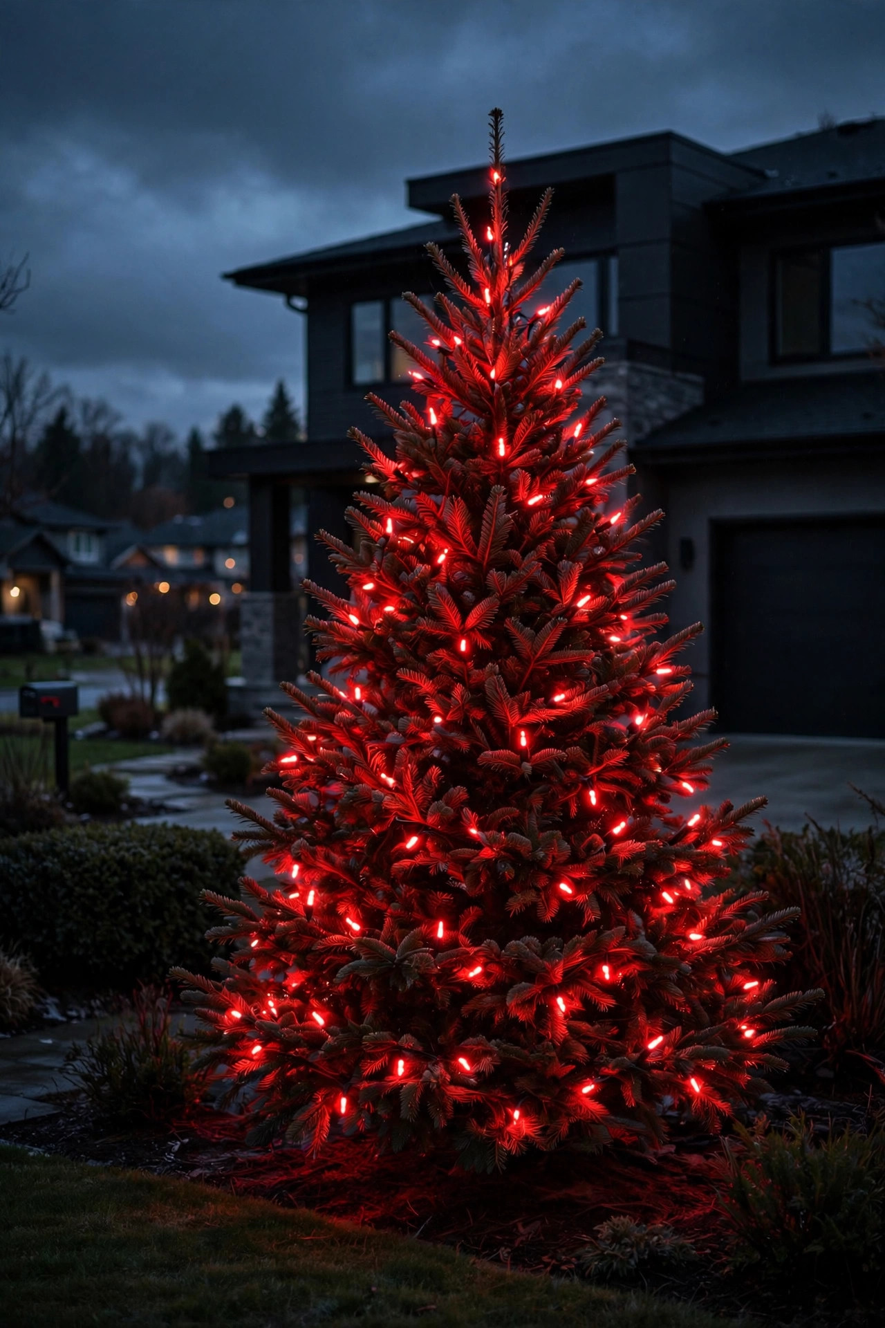 Front yard Christmas tree glowing red with smart color-changing lights at night