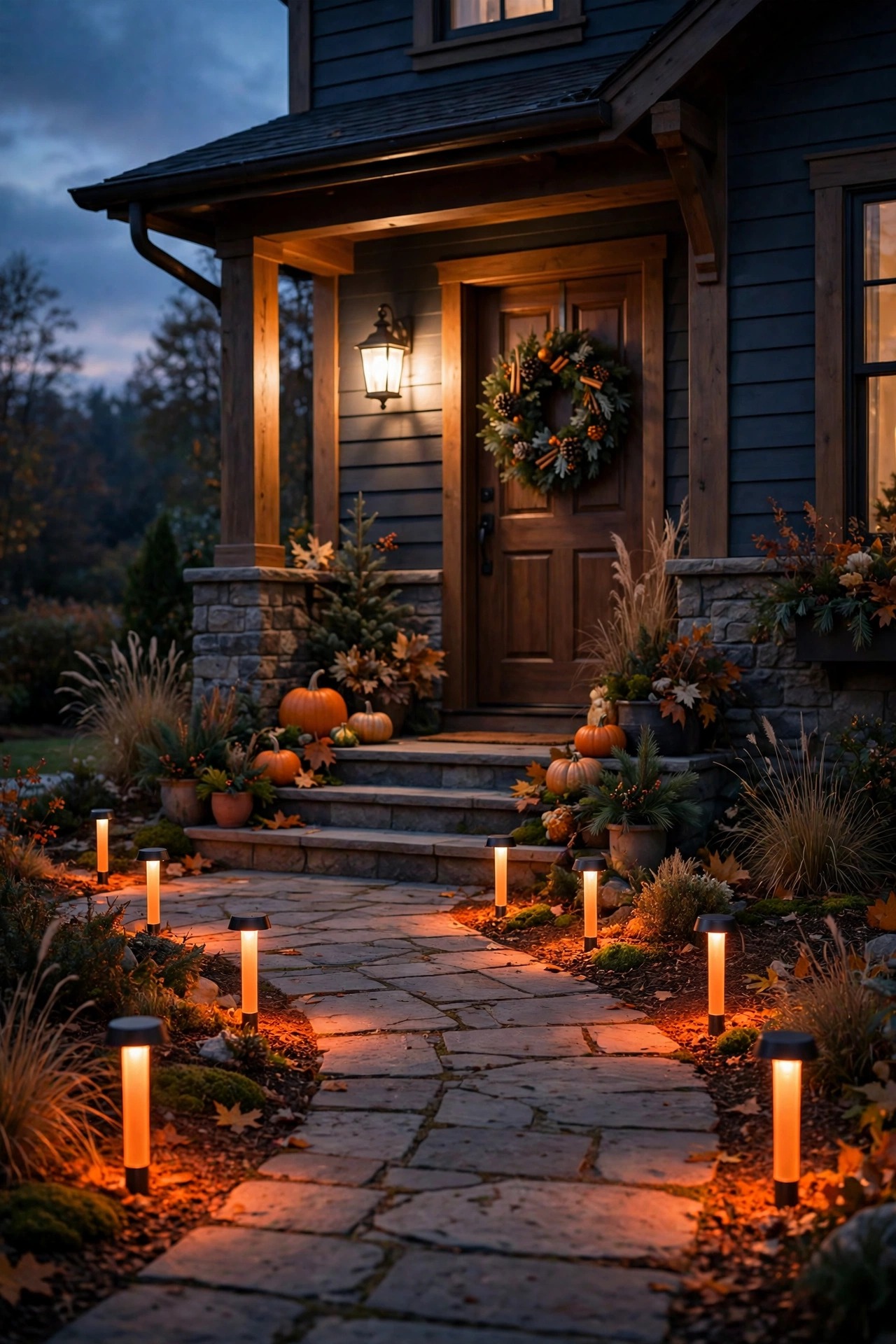 Color-changing path lights in festive orange along a front walk at dusk with warm white porch light, holiday scene that returns to warm white nightly
