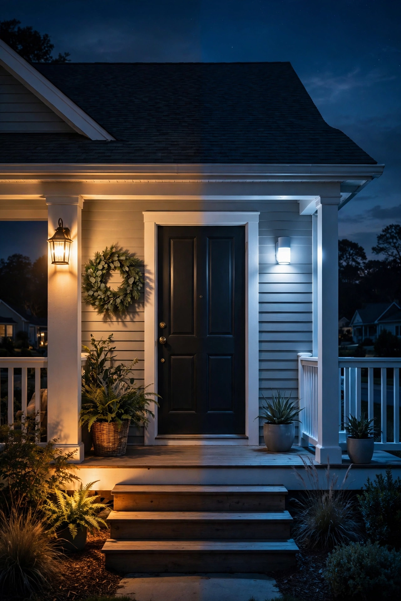 Side-by-side comparison of warm 2700K and cool 5000K LED outdoor lighting on identical front porches at night