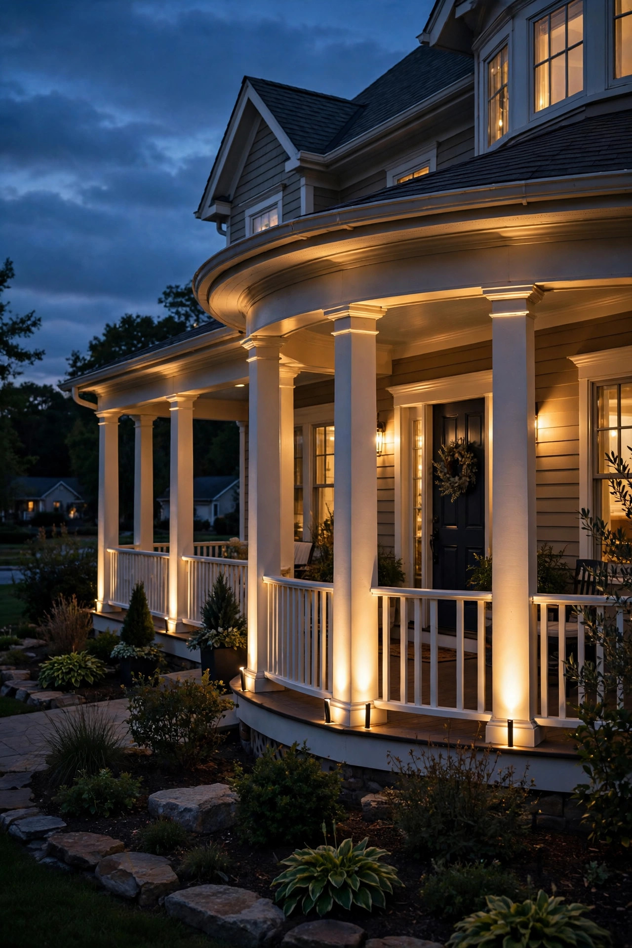 Slim uplights at the base of wraparound porch columns highlighting the architecture at night
