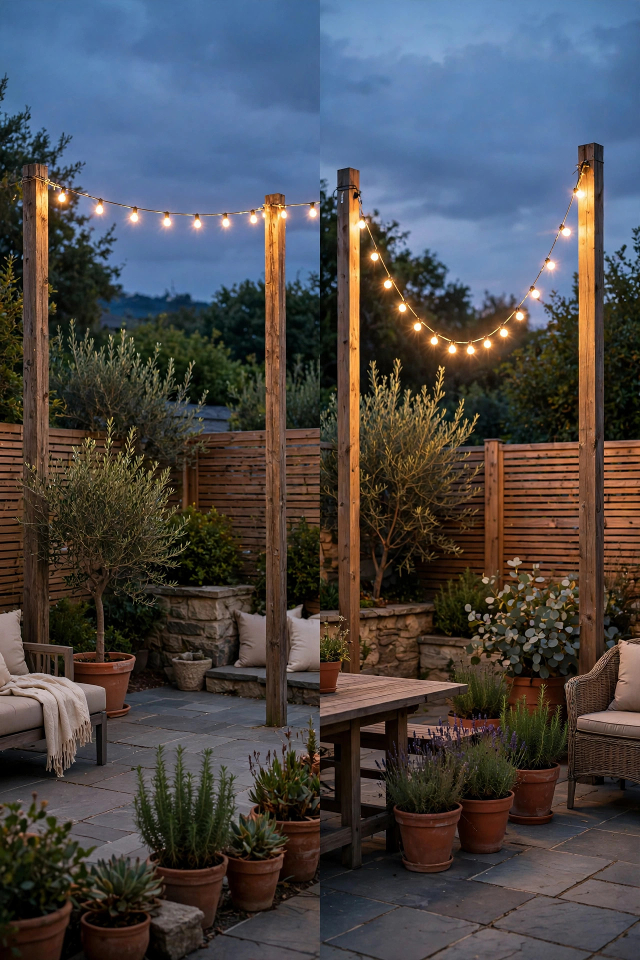Side-by-side comparison showing string lights hung too tight like a clothesline versus with a proper graceful swag