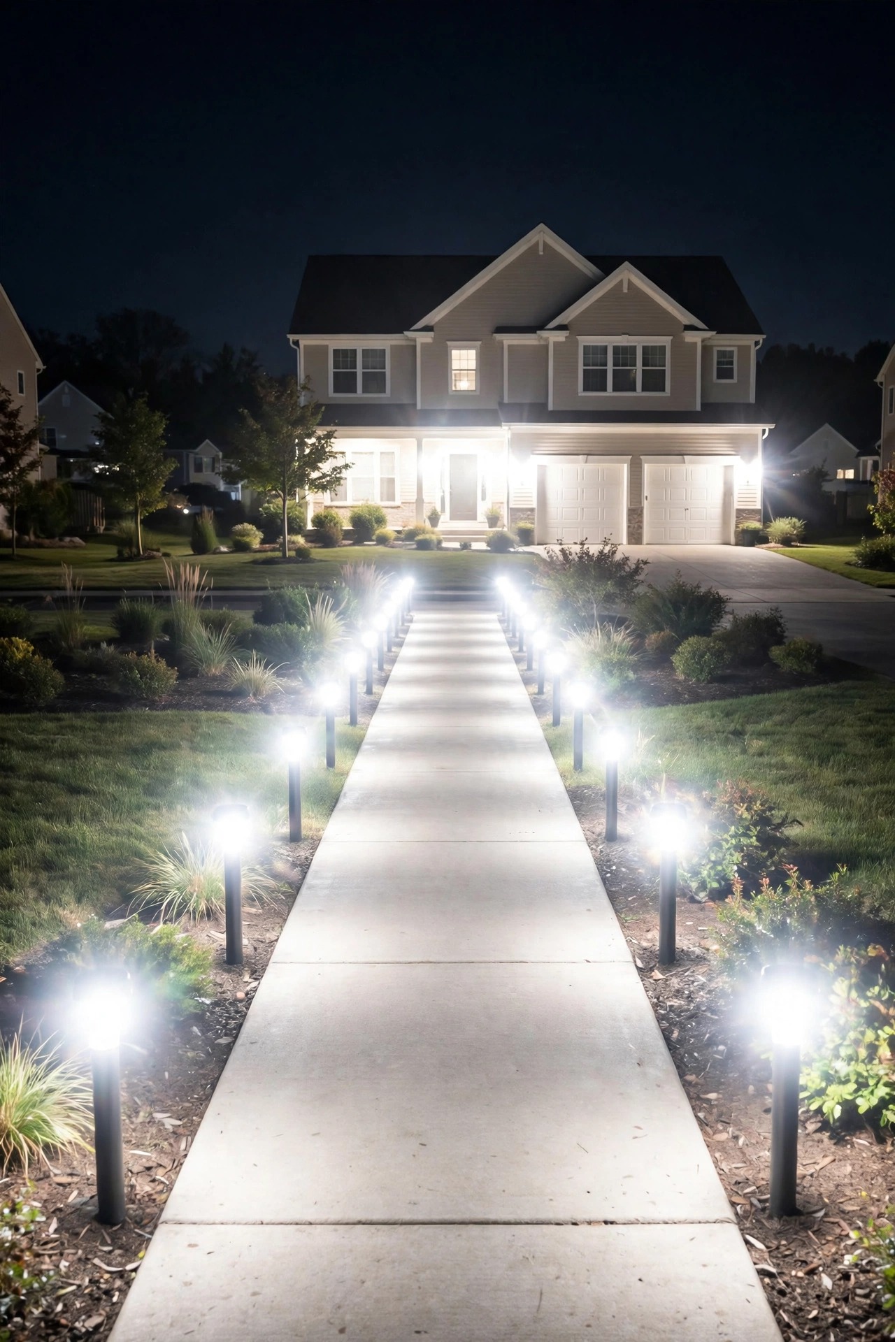 Overlit front yard with harsh glare and runway-style path lights lining both sides of a walkway, an example of poor lighting design