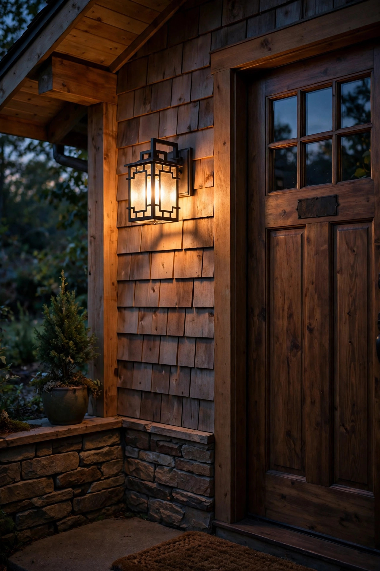 Compact mission-style sconce beside the door of a small craftsman bungalow porch, cozy warm light at dusk