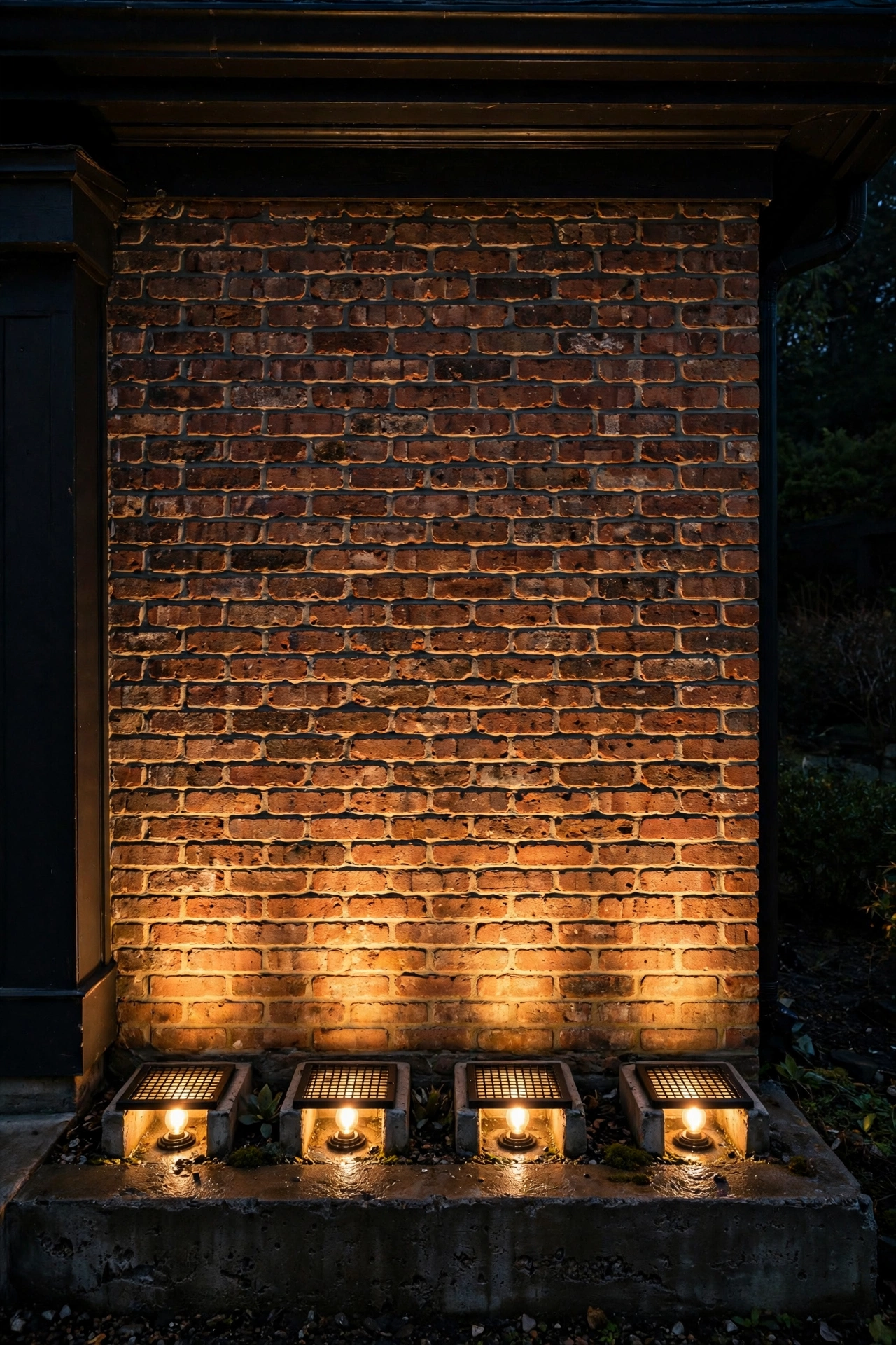 Concrete well uplights washing warm light up a textured brick wall at night