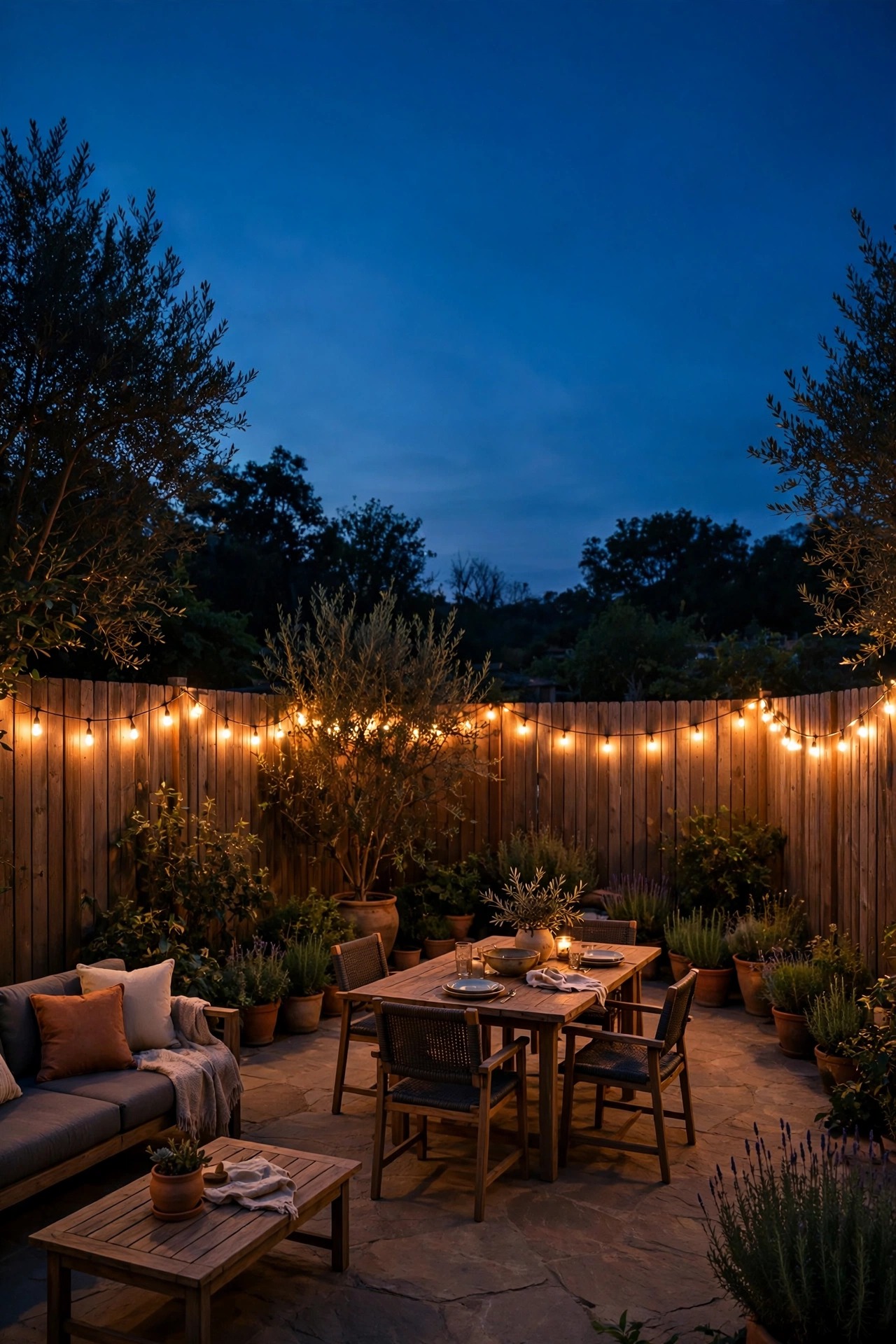 Connectable string lights tracing the perimeter of a large backyard patio and fence line at dusk, warm glow outlining the whole entertaining space