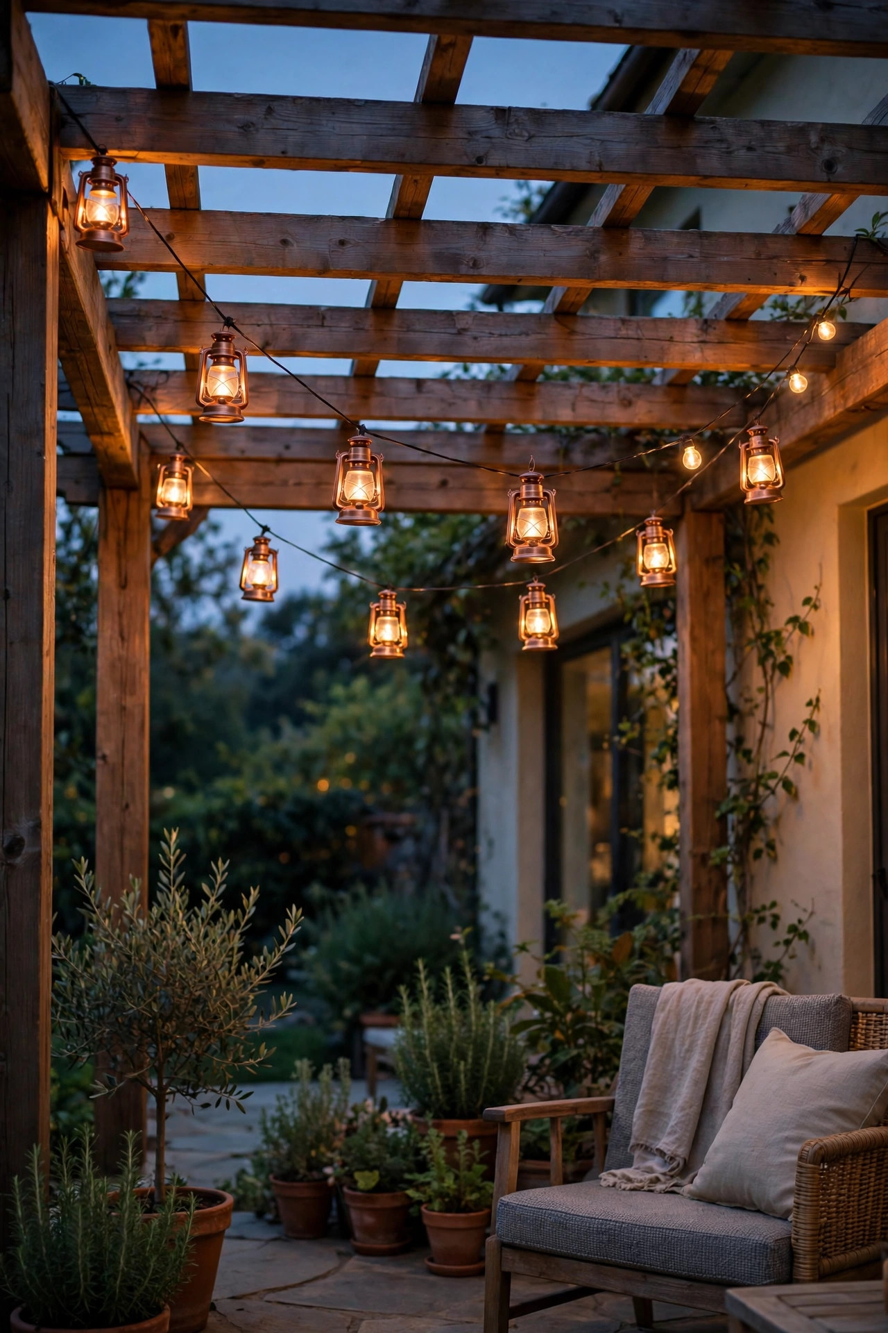 String of small copper lantern lights draped across a patio pergola glowing at evening dusk