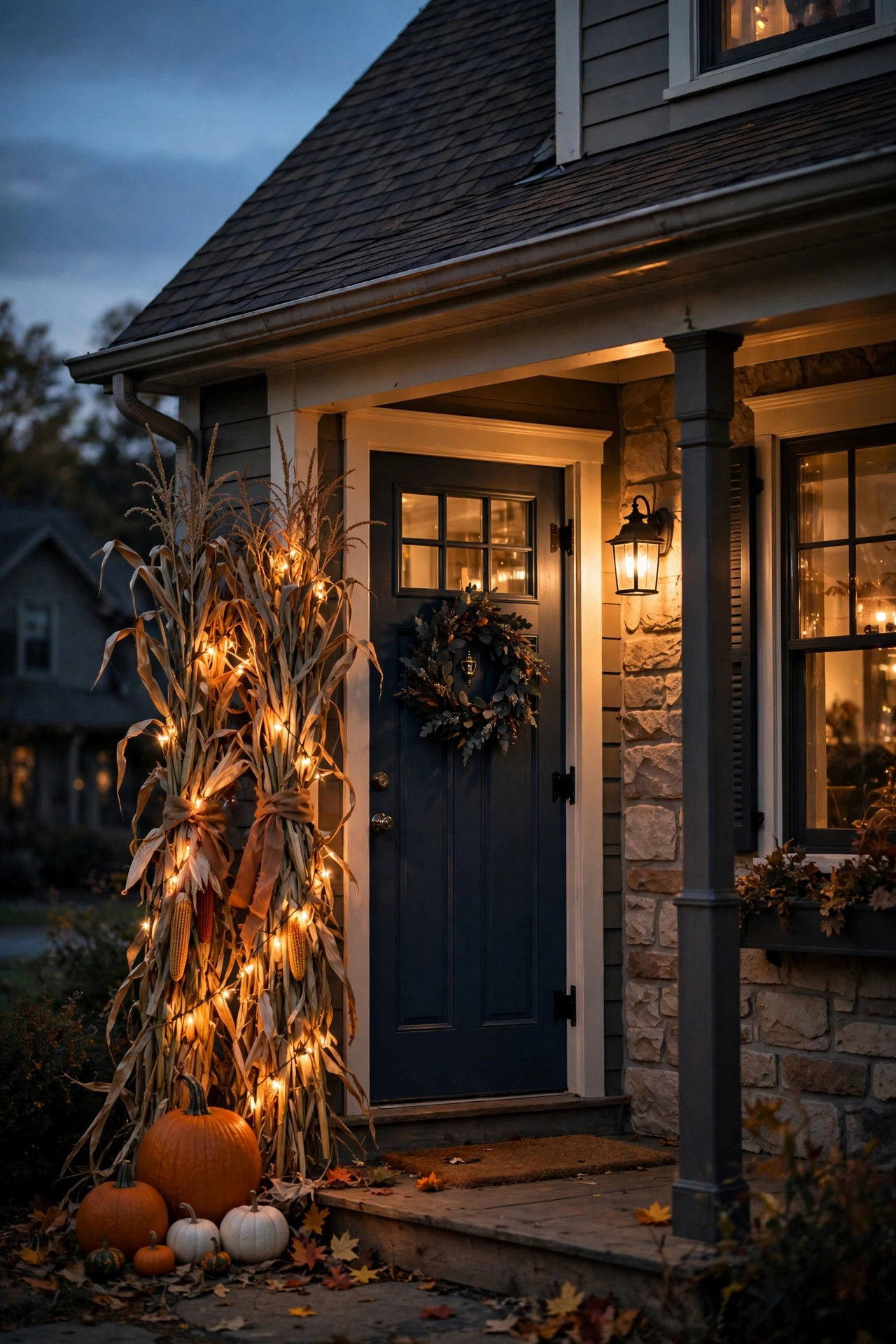 Corn stalk bundles wrapped in warm fairy lights flanking a front entry at dusk
