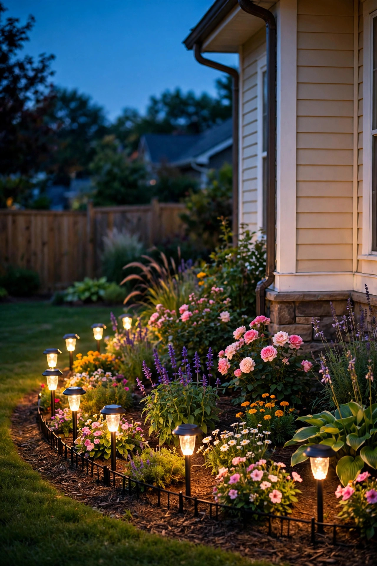 Warm solar stake lights edging a flowering corner bed at dusk