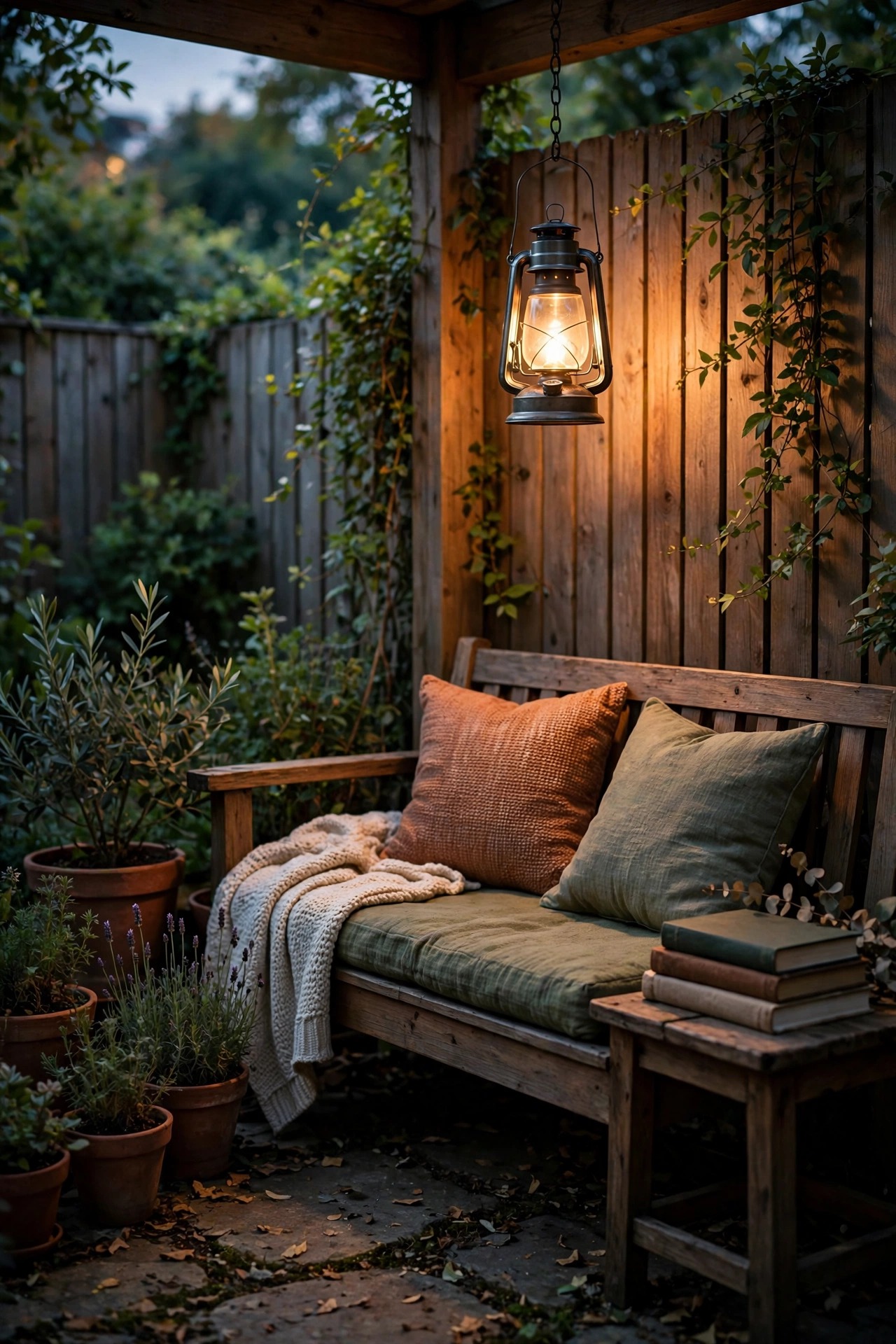 Cozy reading nook in a backyard corner with a bench and a warm hanging lantern at dusk