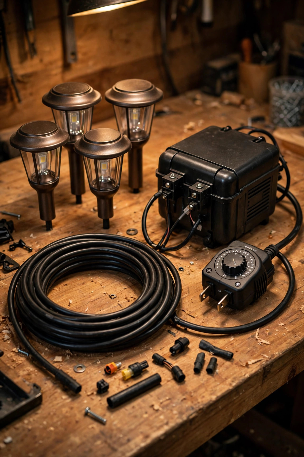 Driveway lighting parts arranged on a workbench — fixtures, transformer, cable and timer — the components behind driveway lighting cost
