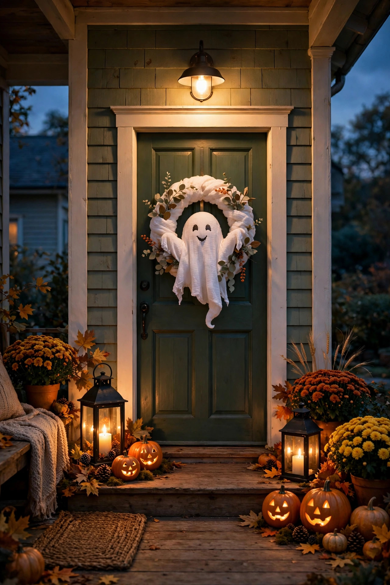 Cozy front porch at dusk with warm porch light, lantern candles, smiling pumpkins and a friendly ghost wreath