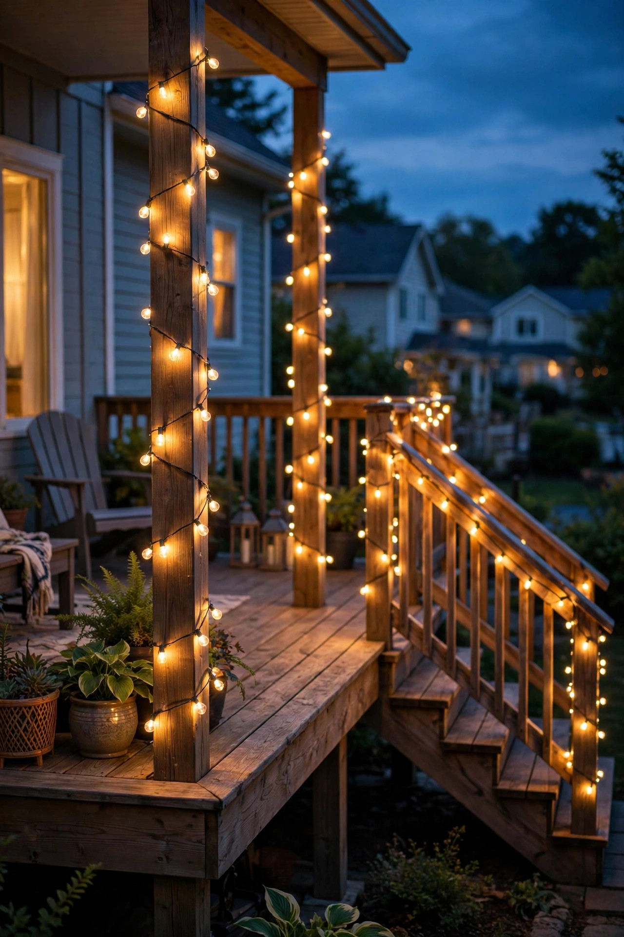 Warm solar string lights outdoor wrapped around deck posts and along stair railings glowing at dusk