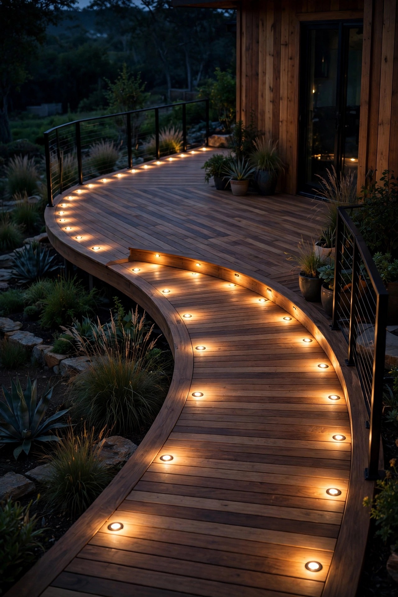 Recessed puck lights set into wraparound deck boards tracing a glowing walking path at night