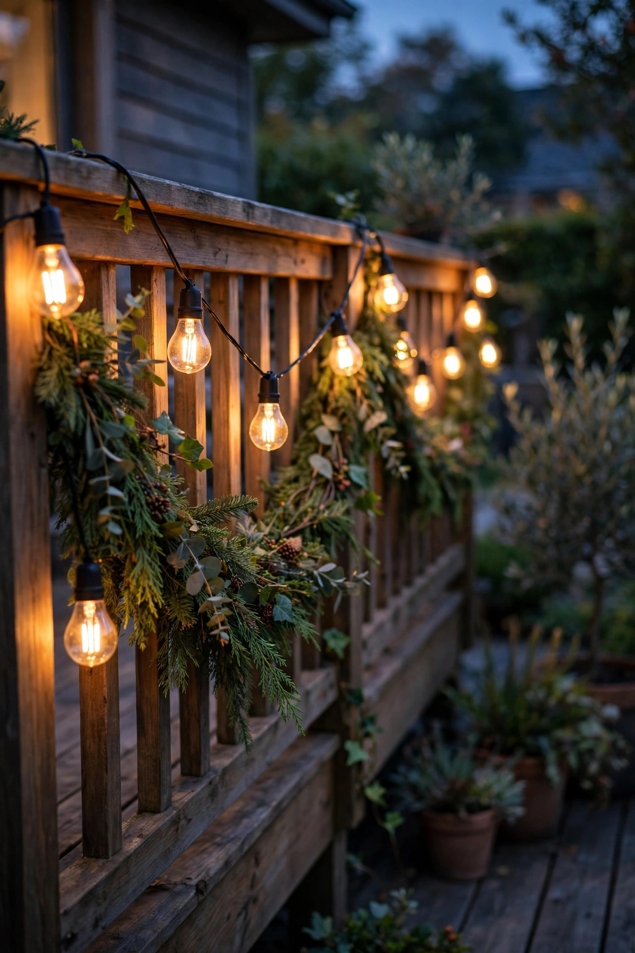 Edison bulb string lights draped along a deck railing woven with green garland at dusk