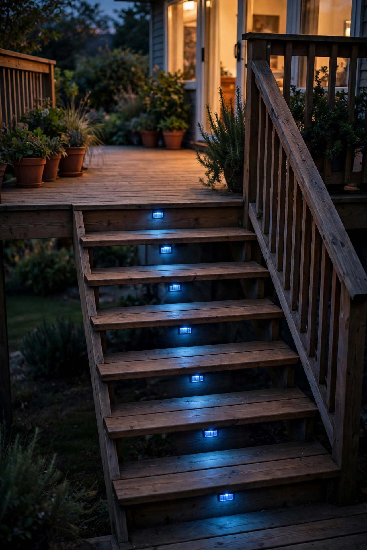 Solar step lights glowing a steady soft blue along wooden deck stairs at night