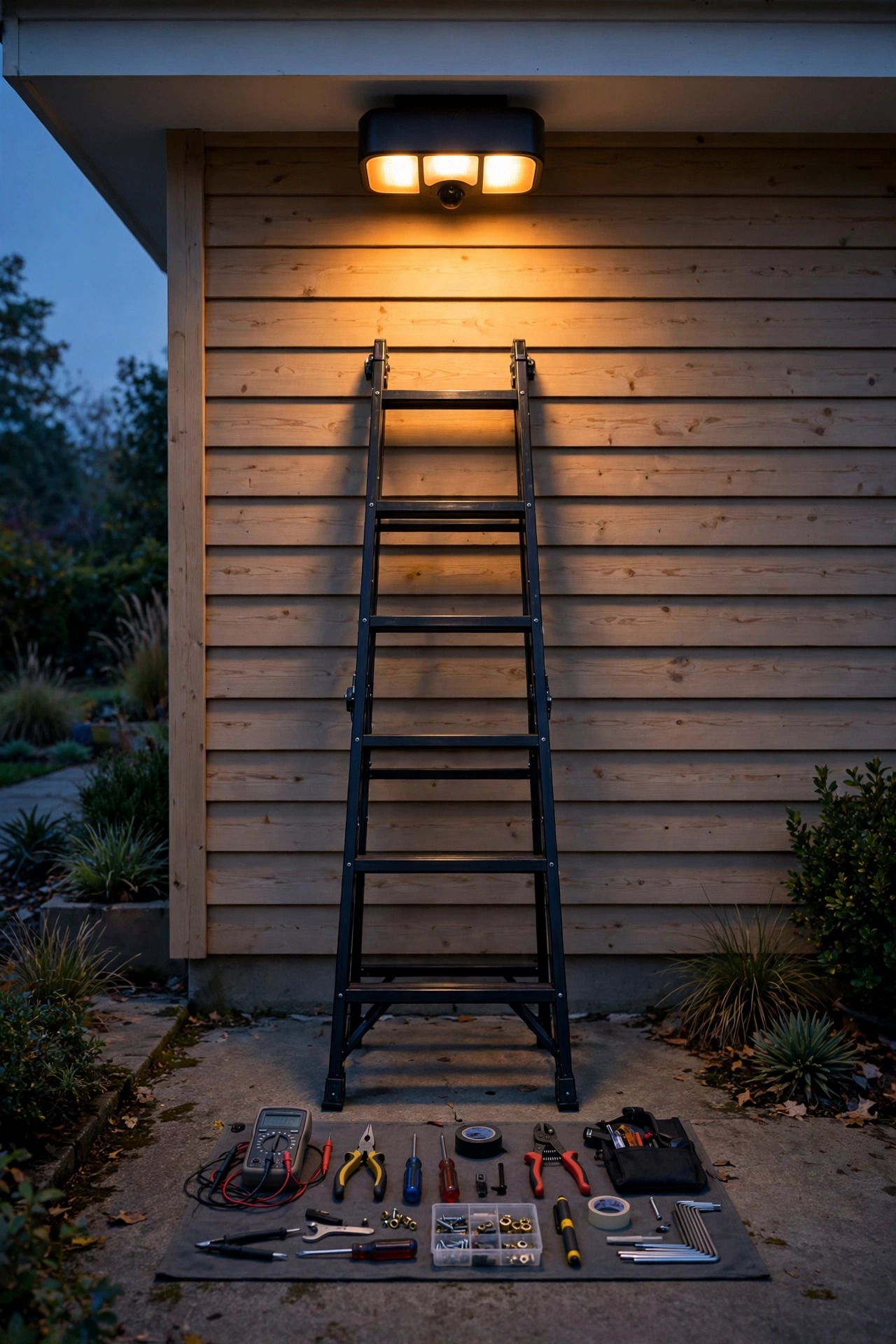 Ladder set up beneath a motion sensor fixture at dusk, homeowner's troubleshooting tools laid out, warm light glowing