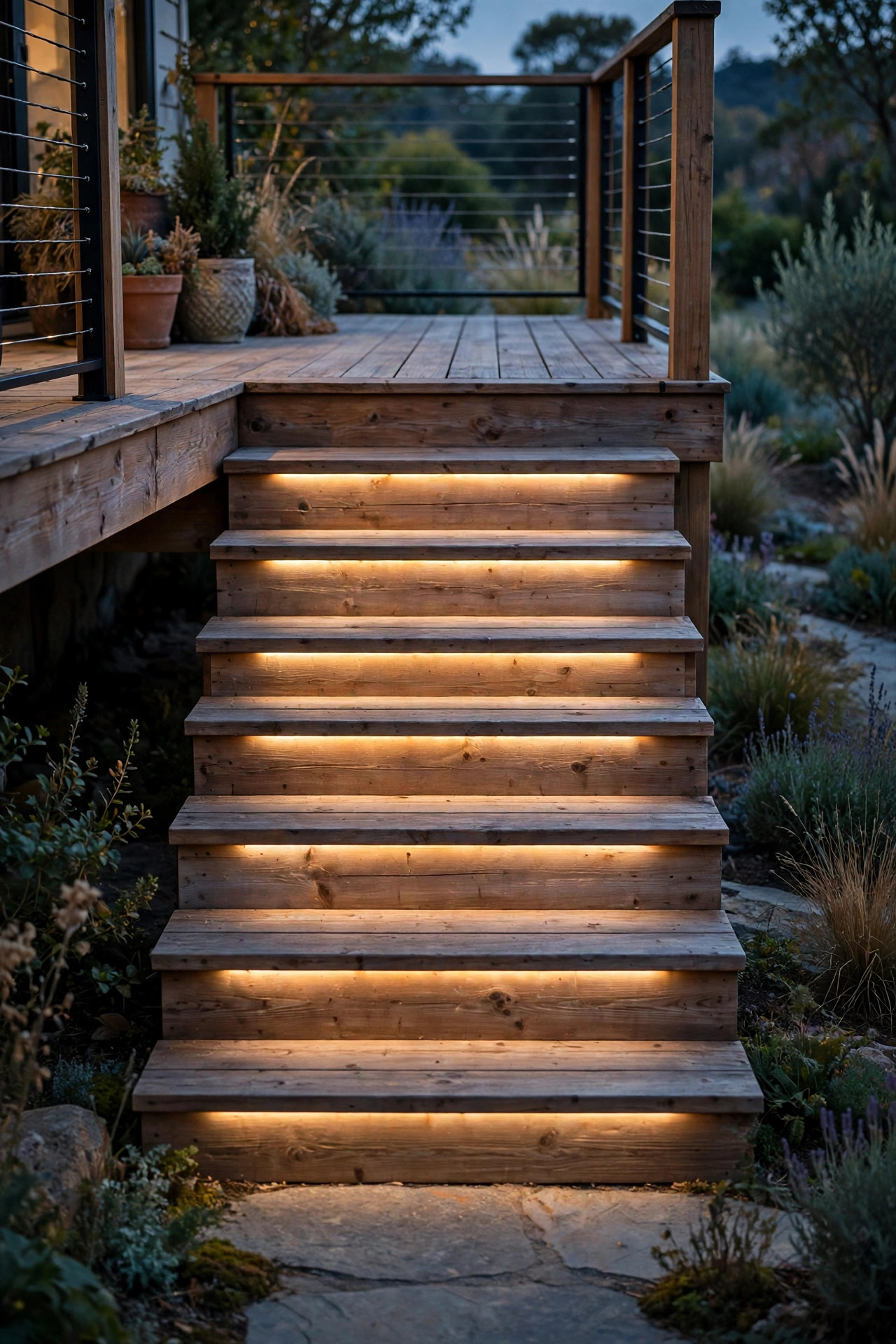 Deck steps with softly dimmed riser lights glowing warm along each tread at night