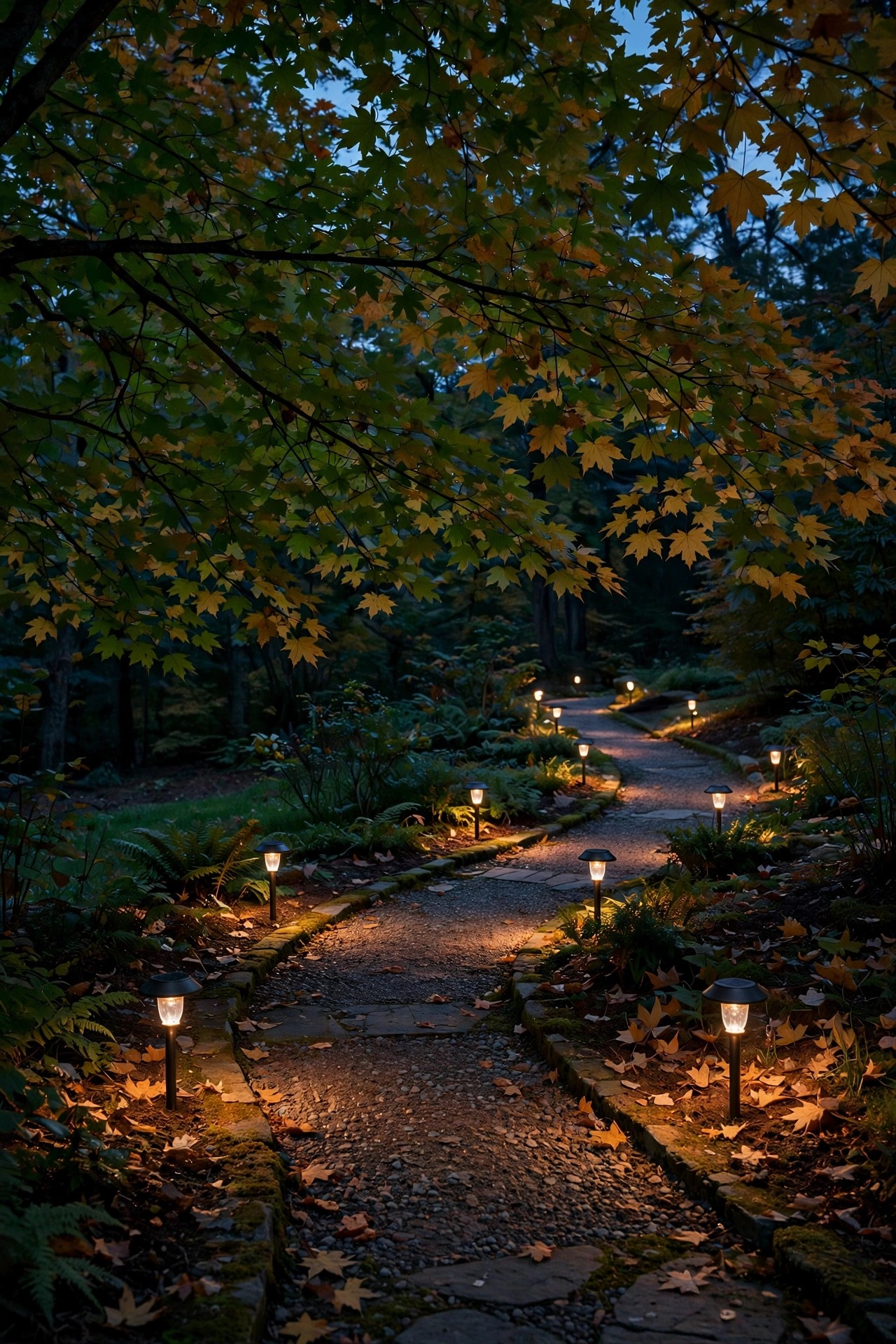 Dimmable solar path lights in low-glow mode lining a curved path beneath maple trees at dusk