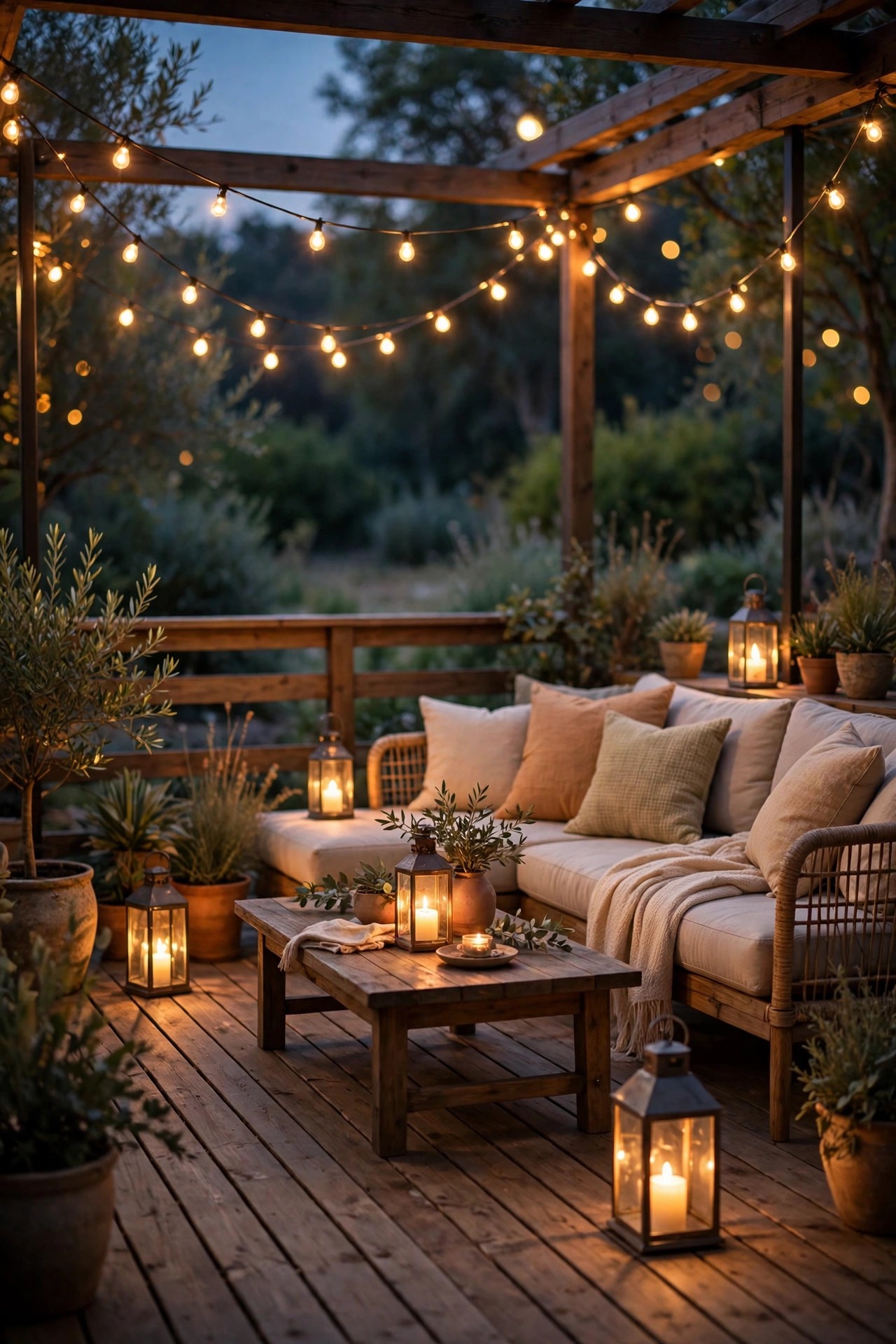 Photorealistic warm dusk view of a deck with softly dimmed warm string lights and lantern light creating a relaxed evening glow over seating
