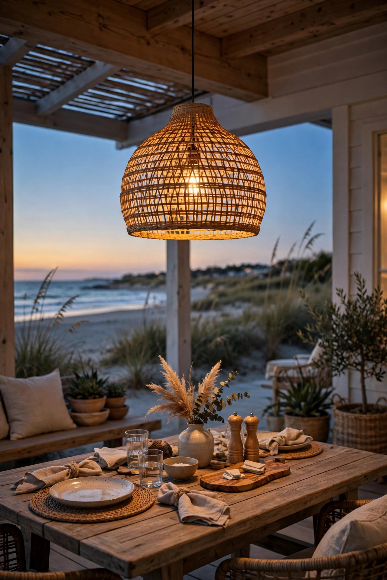 Woven look damp rated pendant light glowing over a beach house patio dining table