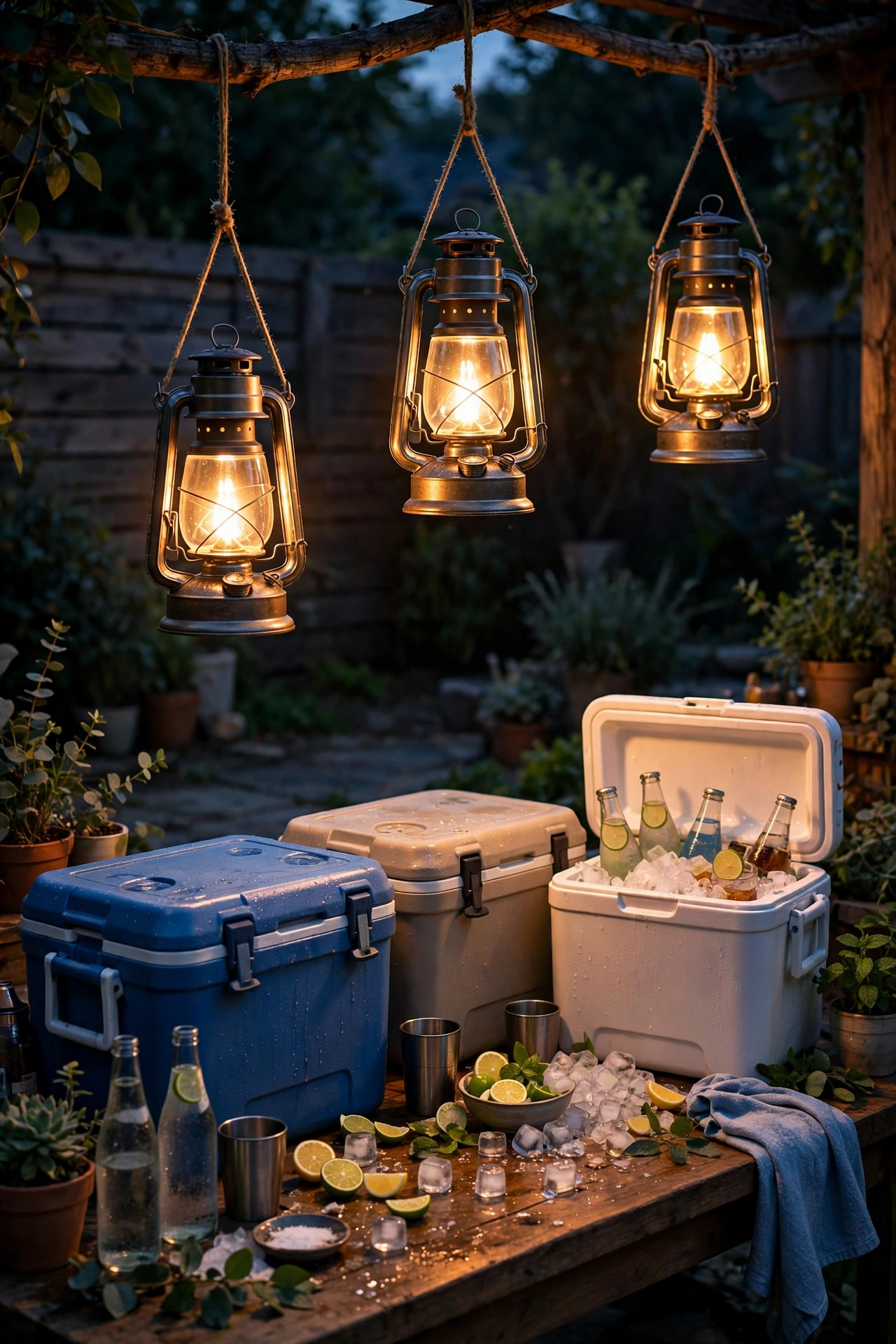 Battery lanterns glowing warmly over coolers at a backyard drink station at night