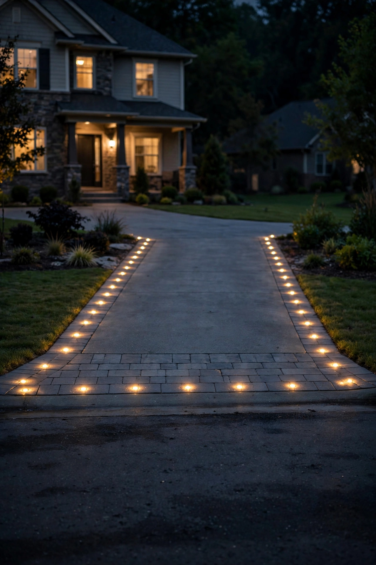 Drive-over paver marker lights at a driveway entrance glowing at night