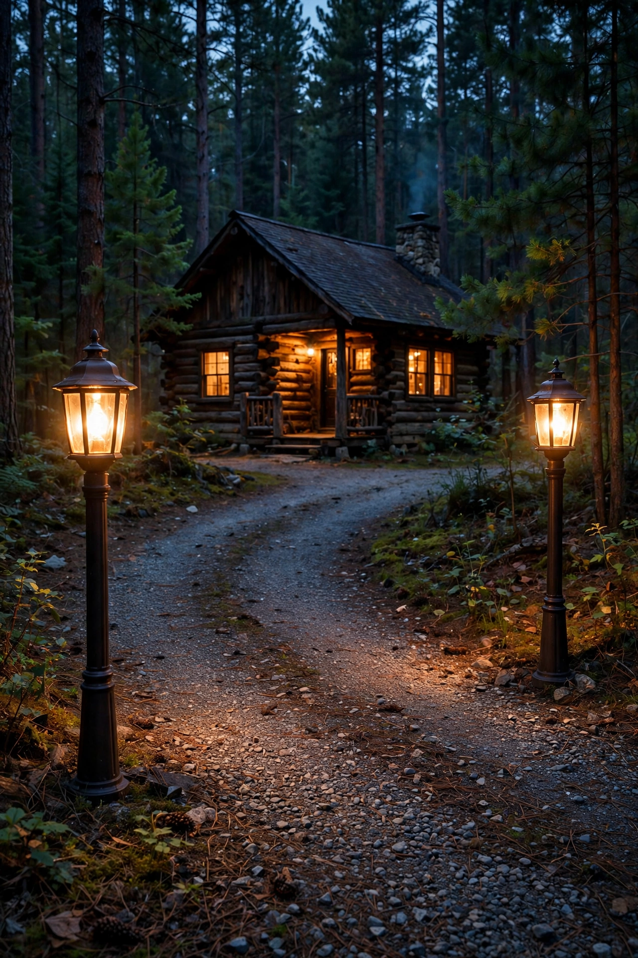 Two lantern posts glowing at the entrance of a gravel driveway leading to a rustic cabin in the woods