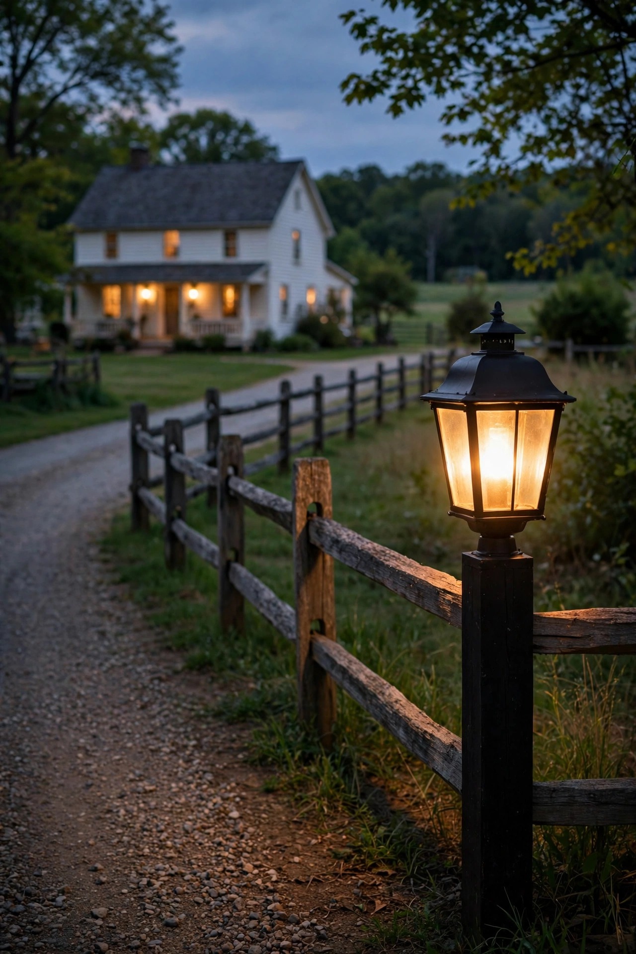 Black lantern post light glowing at a farmhouse driveway entrance beside a split-rail fence