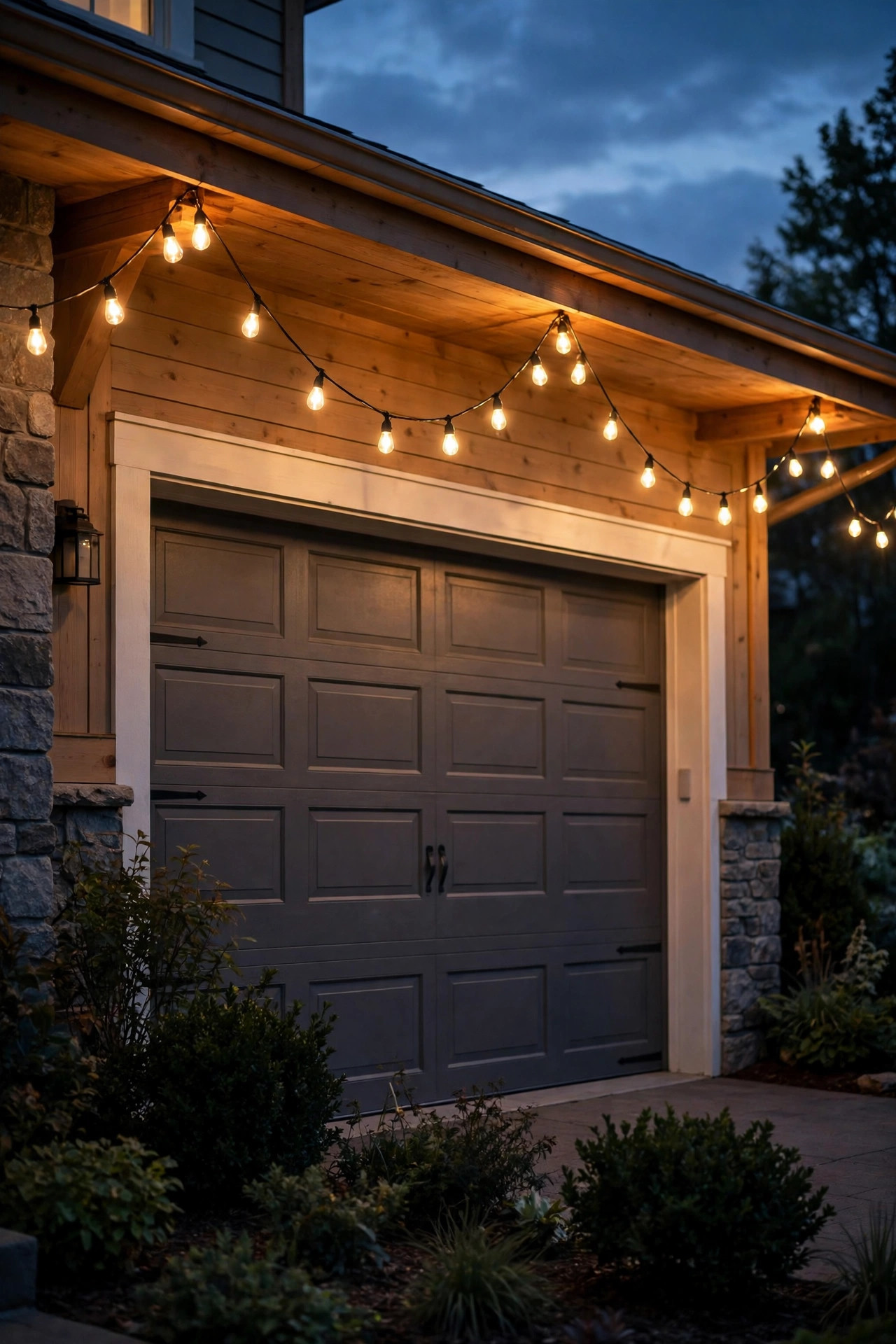 Festoon string lights swagged along the eave above a garage door with warm filament bulbs