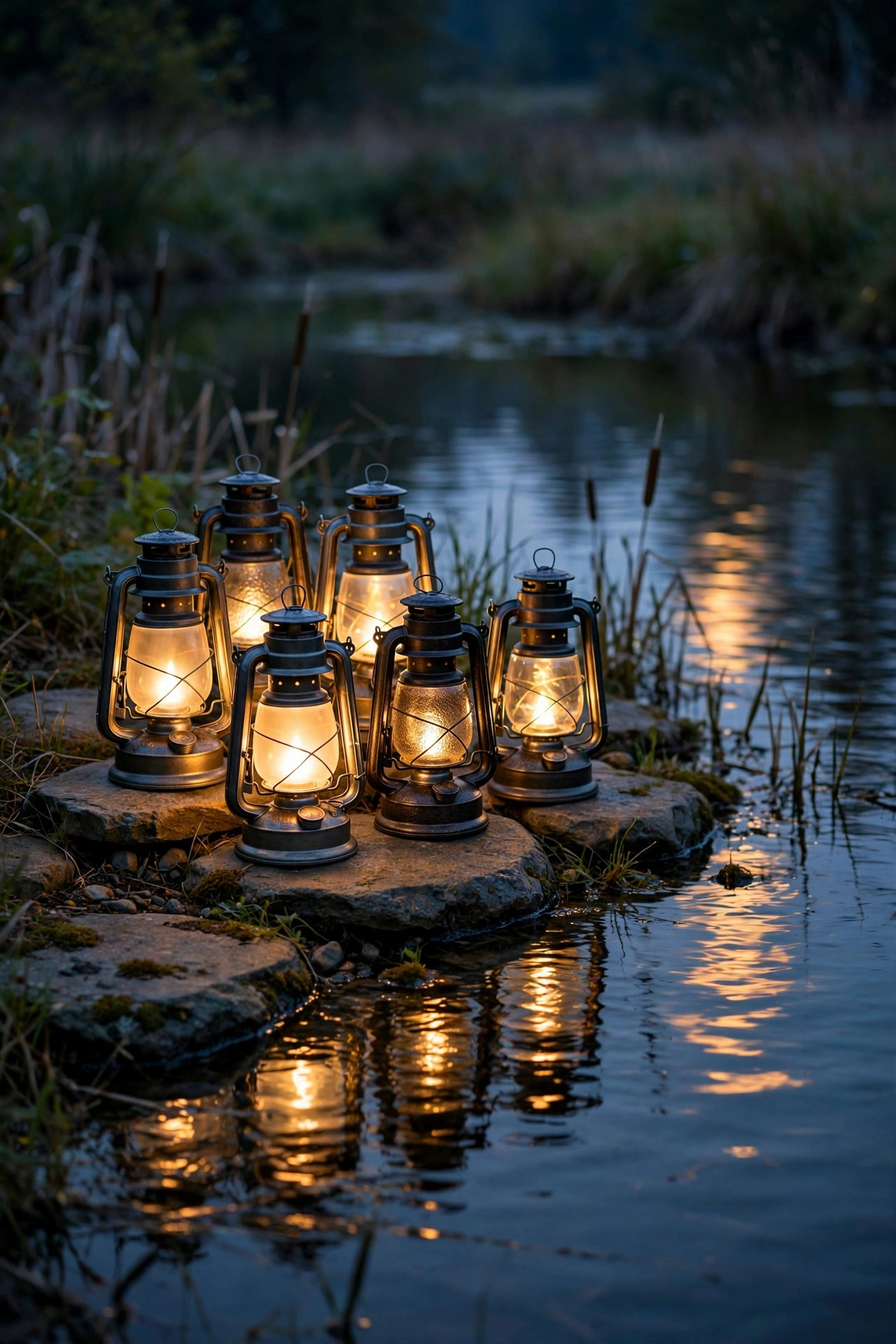Flameless LED lanterns grouped on flat stones at the edge of a pond at twilight, warm flickering glow reflecting on the water