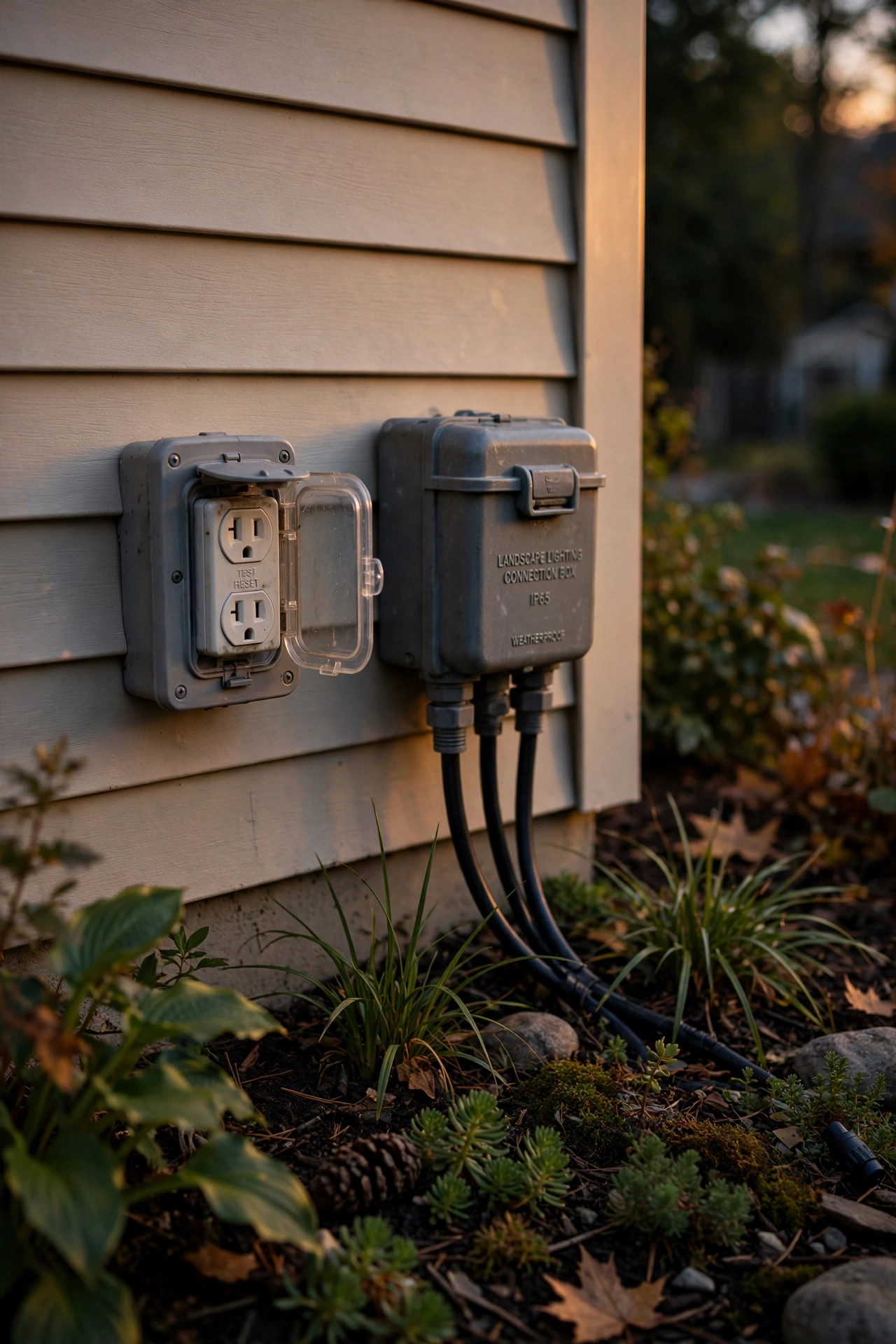 A GFCI-protected outdoor outlet and weatherproof landscape lighting connection box beside a house at dusk