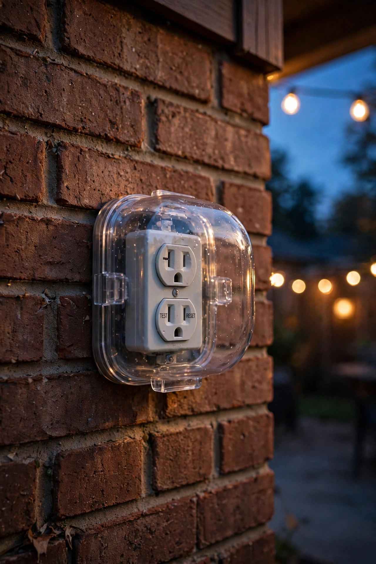 GFCI outdoor outlet with test and reset buttons and weatherproof cover on a brick wall