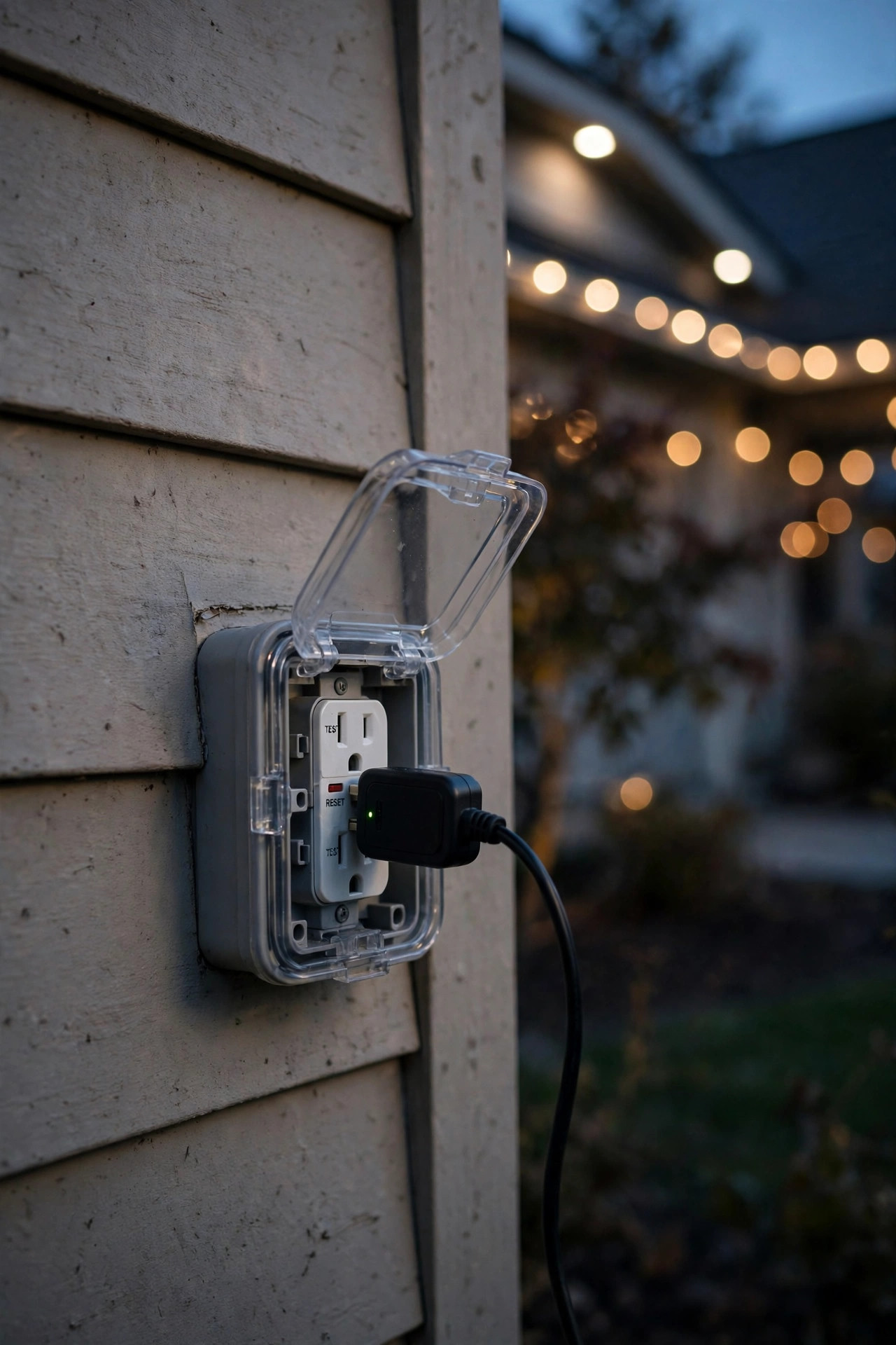 Outdoor GFCI outlet with weatherproof cover on a house exterior wall, with a low-voltage lighting controller plugged in at dusk