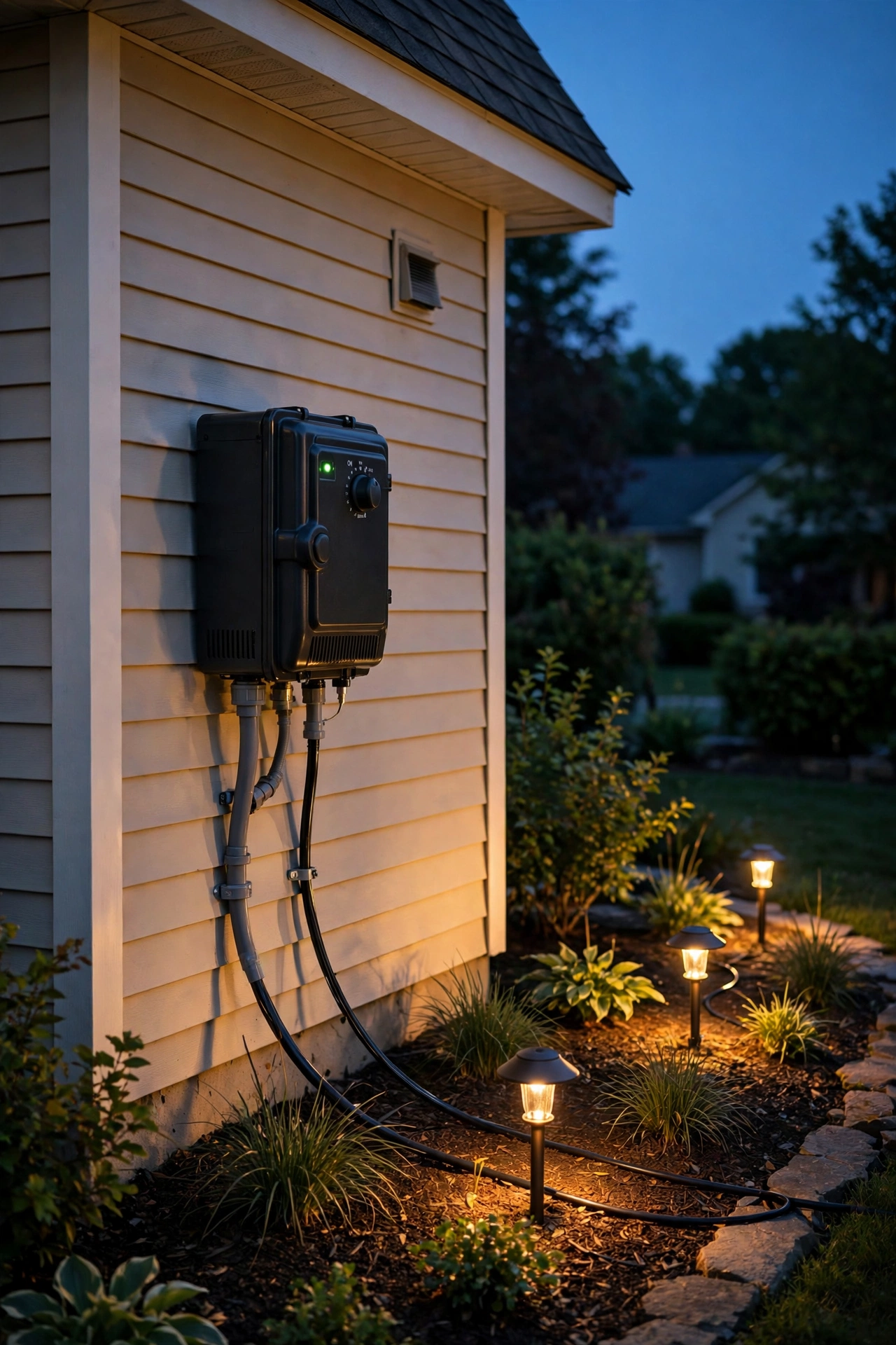 Low-voltage landscape lighting transformer mounted on a house wall with outdoor-rated cable running to garden fixtures