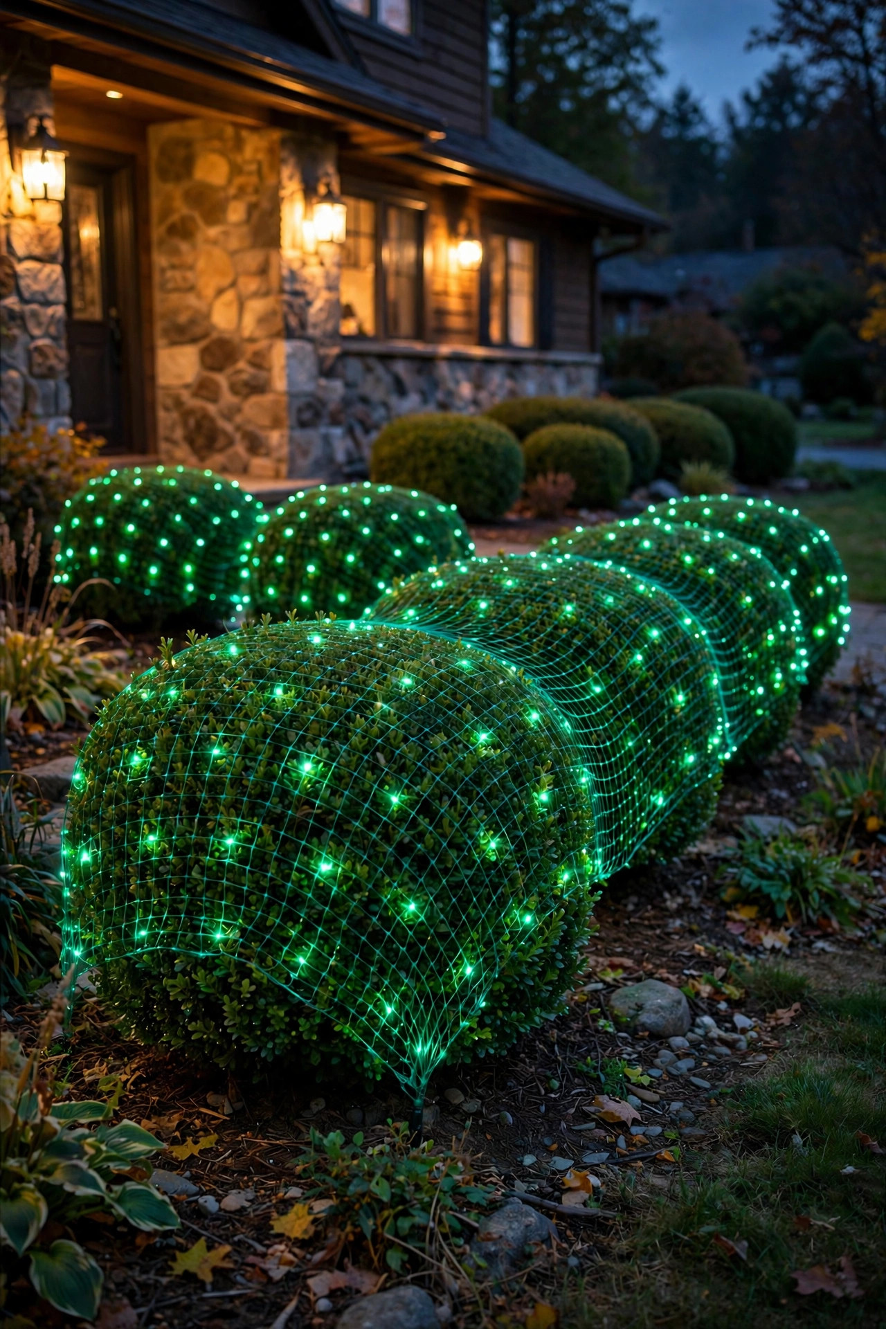 Emerald green net lights draped evenly over rounded front yard shrubs at night