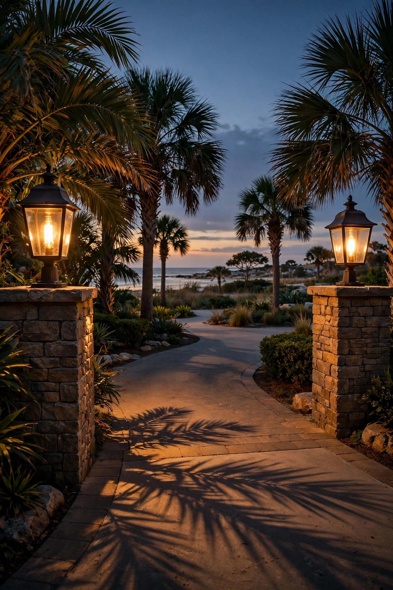 Pair of lantern-style post lights framing a coastal driveway entrance at dusk with warm filament bulbs and palm shadows