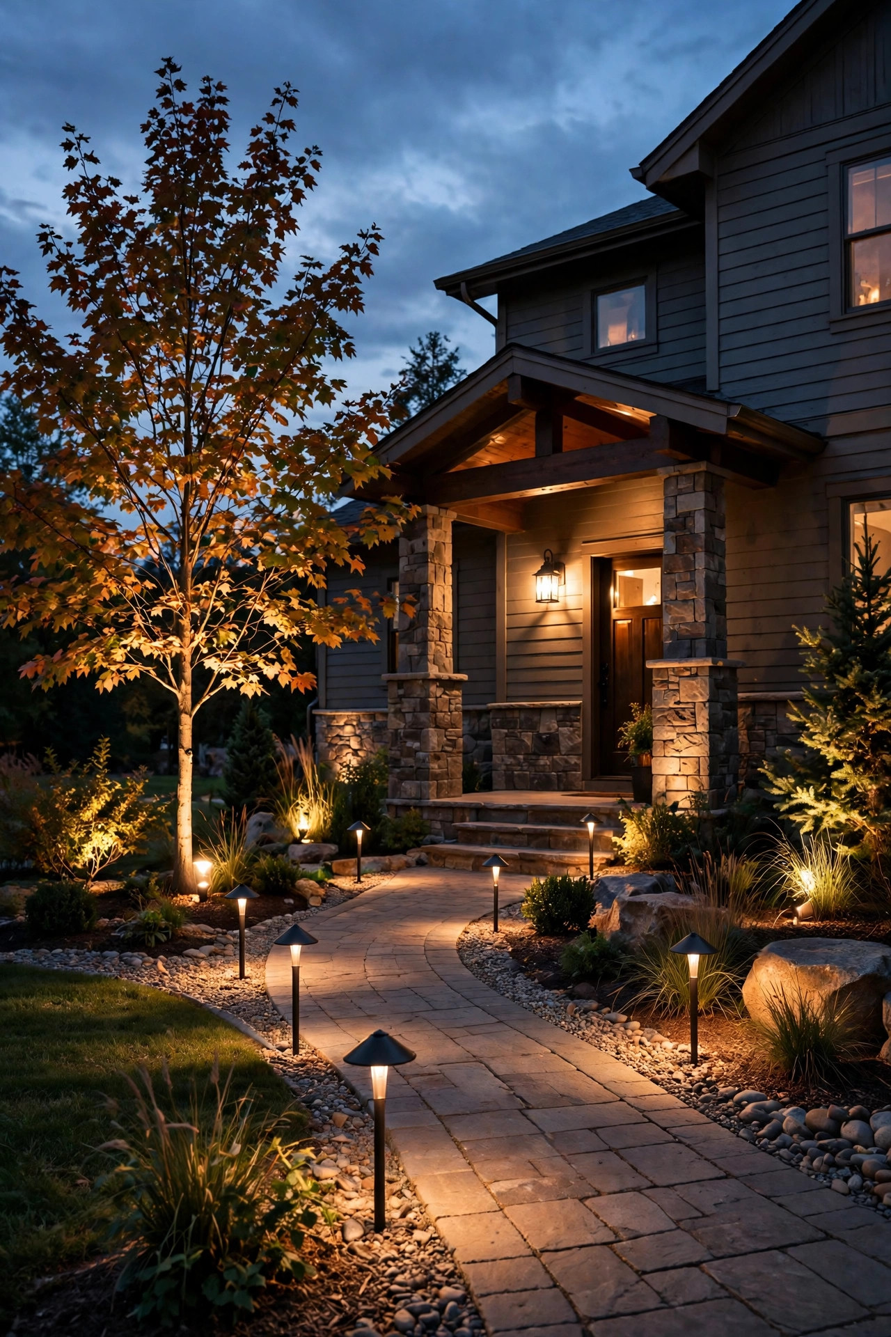 Finished front yard landscape lighting at dusk with path lights uplights and porch light all glowing at even warm brightness