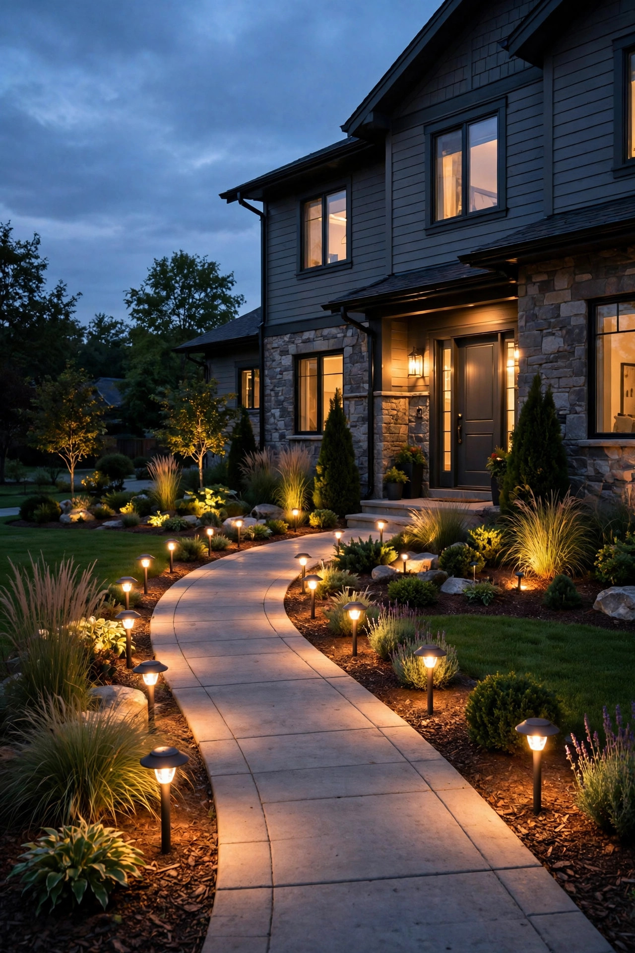 Finished front yard at dusk with a full row of landscape path and accent lights all glowing at identical warm brightness