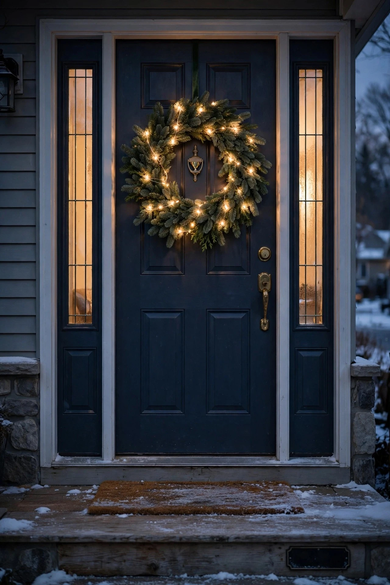 Plain evergreen winter wreath wrapped in warm white microlights hanging on a front door