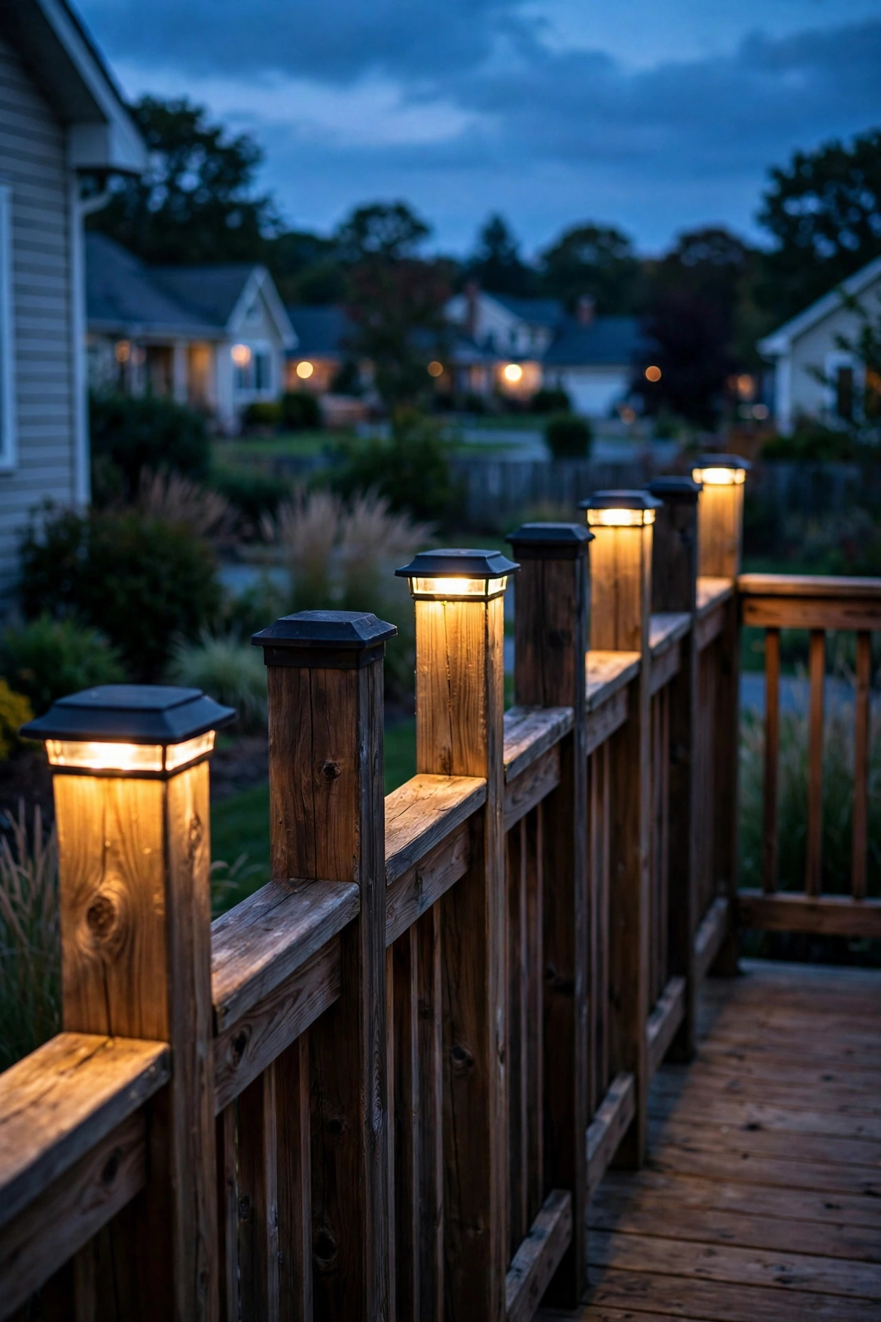 Deck railing with post cap lights on every other post creating a rhythmic pattern of warm light at dusk