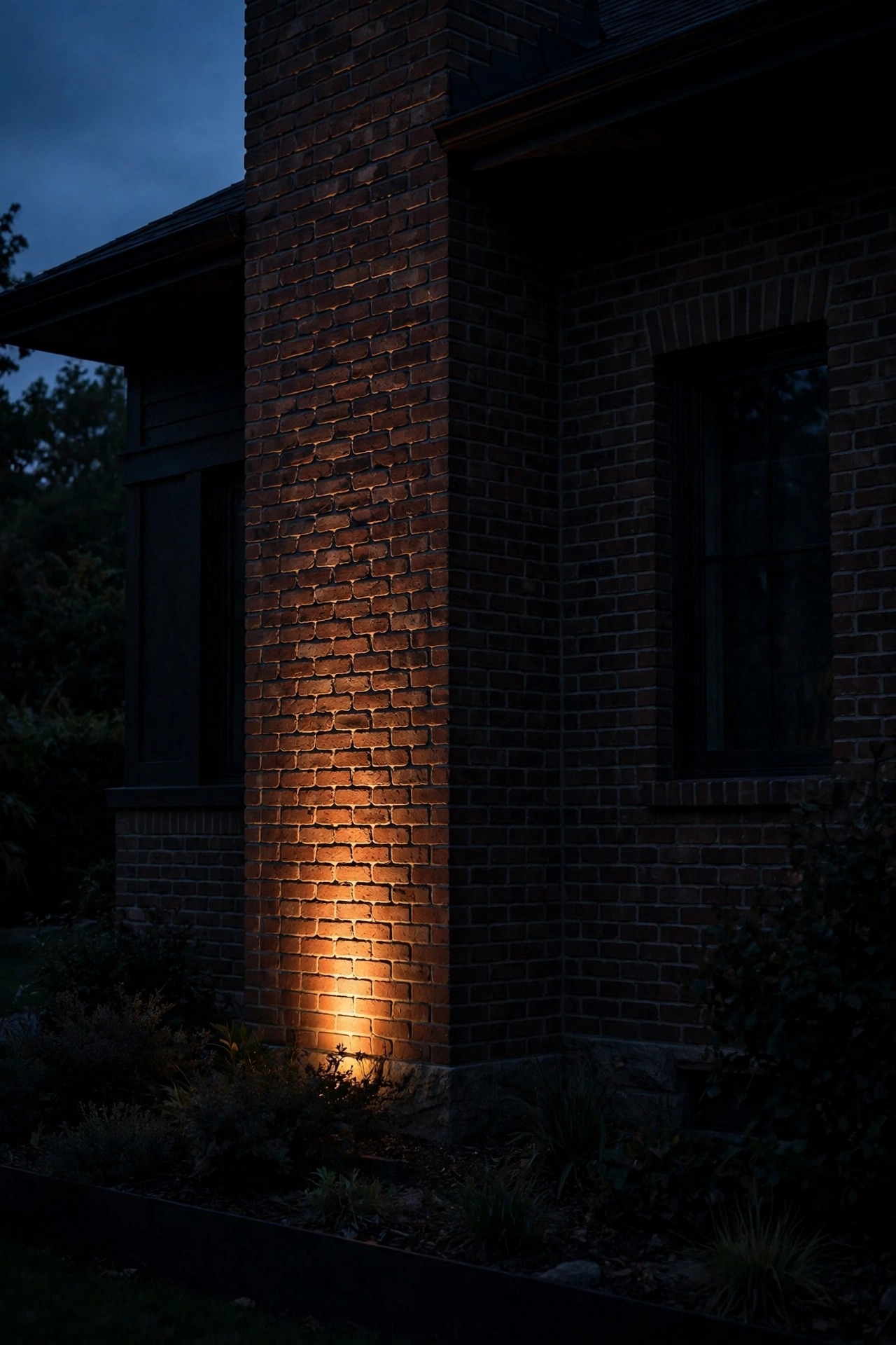 Warm light grazing up one section of brick facade from a hidden ground fixture at dusk, rest of the house softly dark