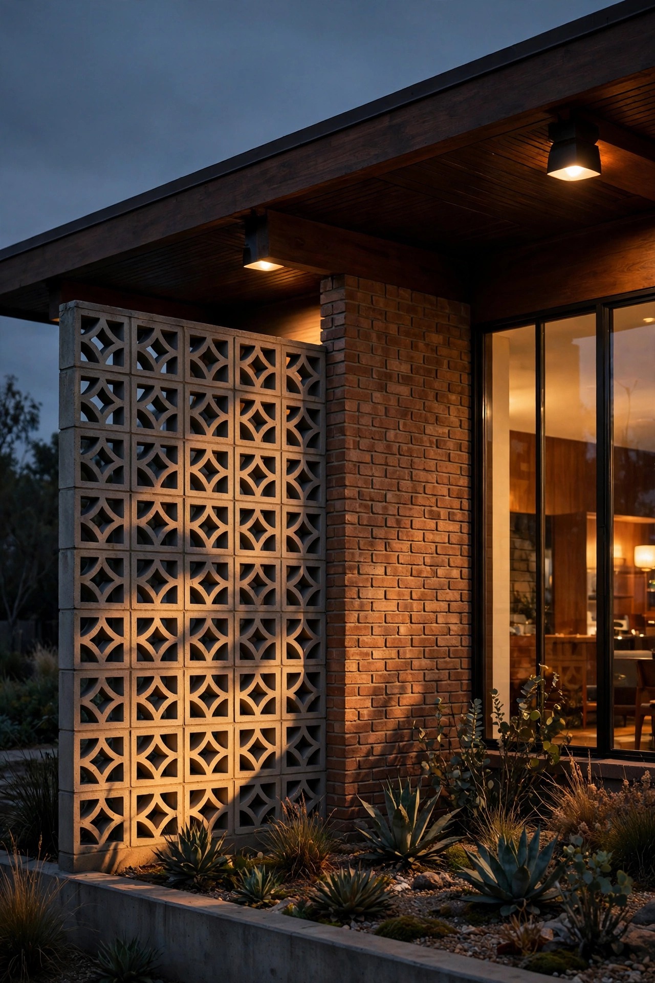 Grazing light washing up a breeze block and brick facade on a mid-century modern home at dusk