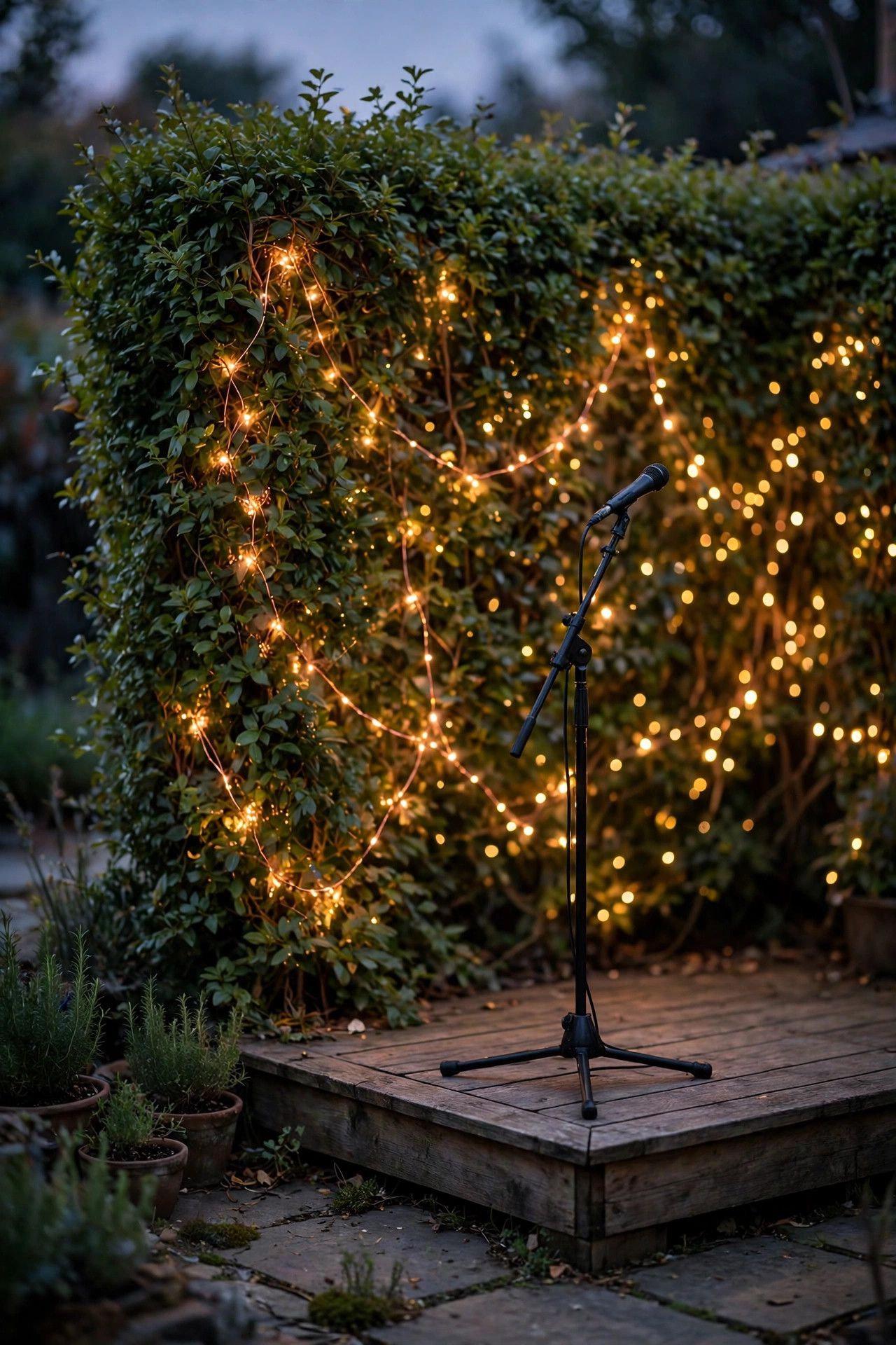 Copper-wire fairy lights twinkling through a hedge behind a small patio stage corner with a microphone stand