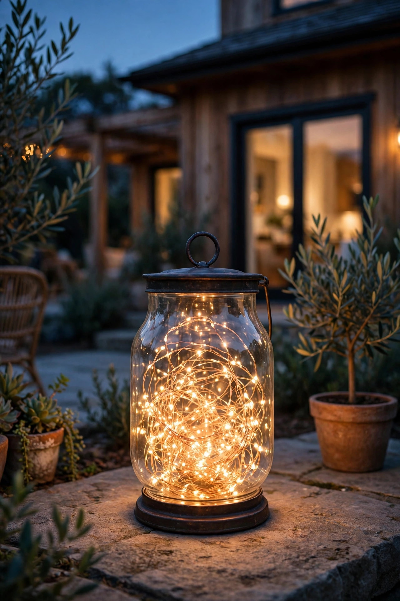 Glass hurricane lantern filled with glowing copper-wire fairy lights instead of a candle
