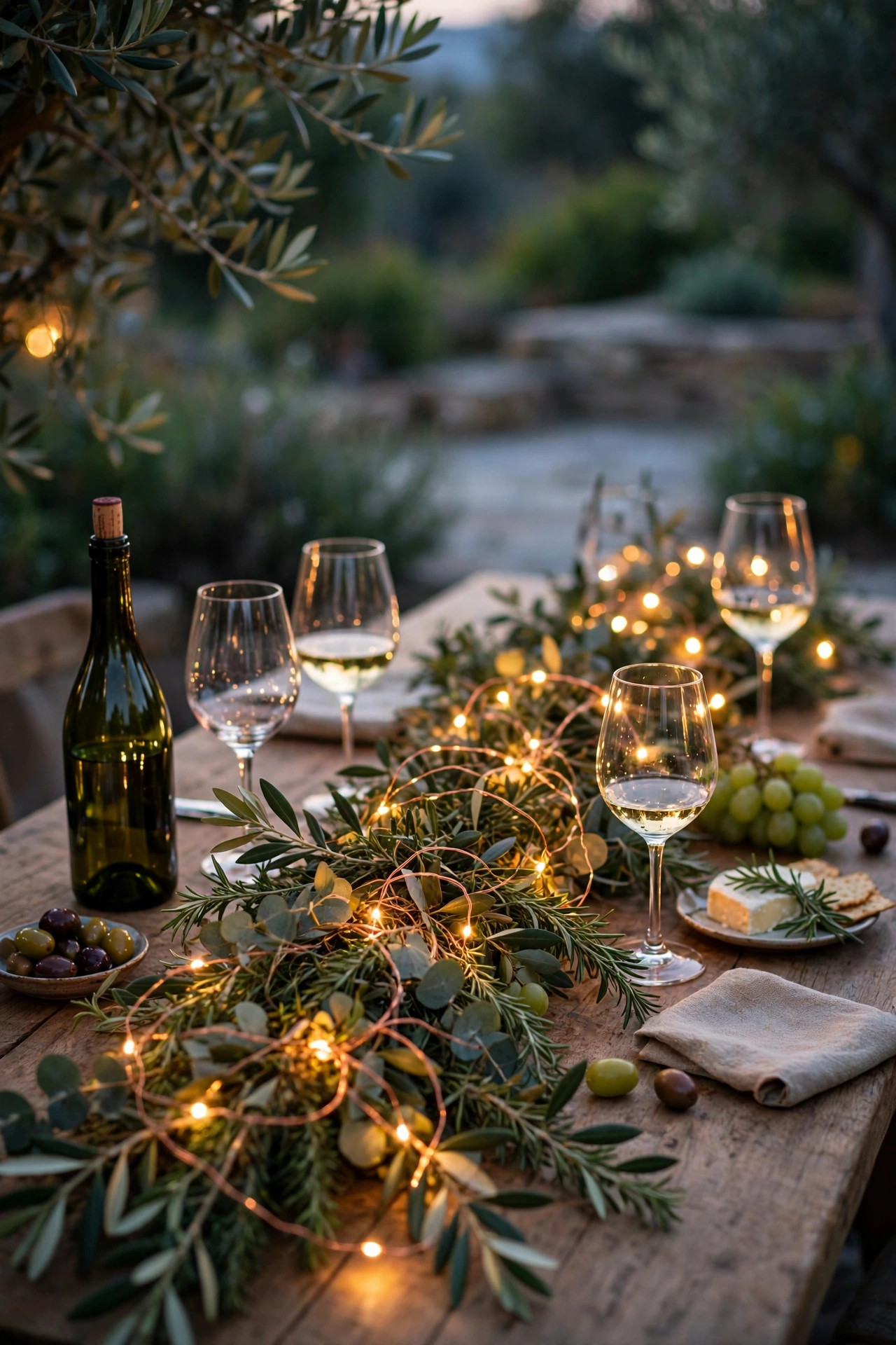 Copper wire fairy lights woven through a greenery garland on an outdoor wine tasting table