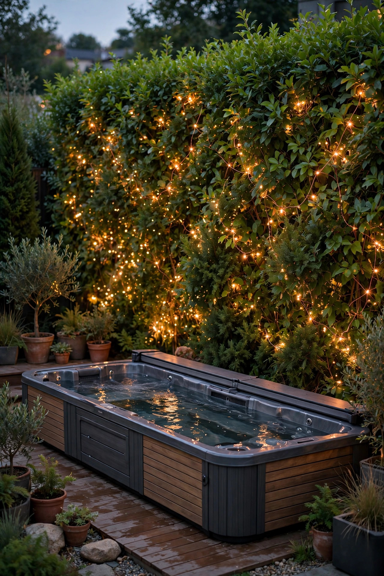 Copper-wire fairy lights twinkling through a green privacy hedge behind a swim spa